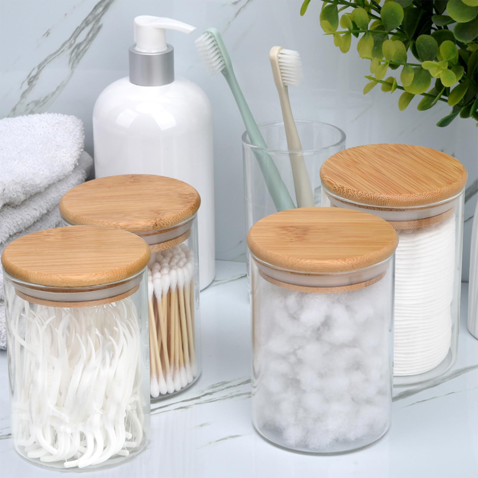 Bkyfpq 4 Pack Glass Qtip Holder Dispenser Apothecary Jars With Lids, Cotton Ball Pad Round Swab Holder For Bathroom Accessories