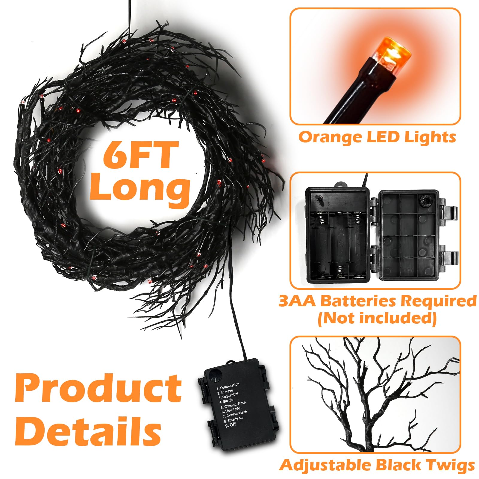 [ 8 Modes & Timer ] 6 Ft 45 LED Halloween Willow Vine Twig Garland Decorations with Orange Lights, Halloween Garland with Batter
