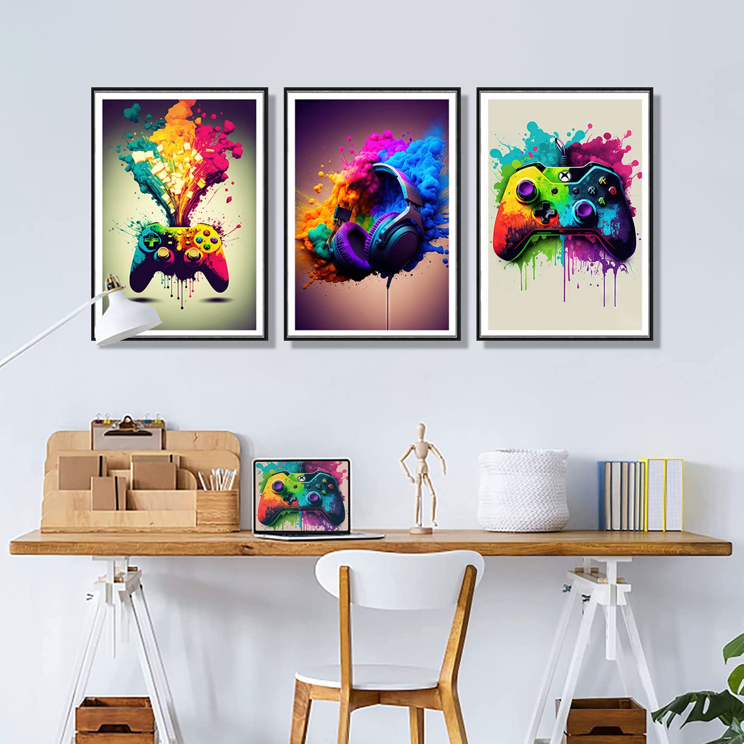 Game Room Decorative Wall Art Color Video Game Handle Earphone Graffiti Theme Poster Neon Light Poster Print Picture Children Yo