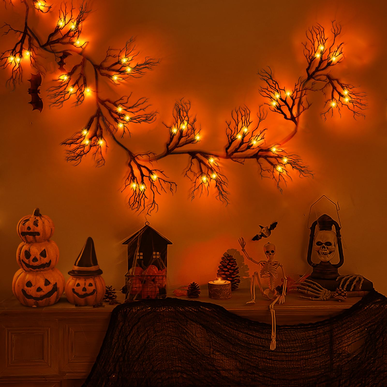 [ 8 Modes & Timer ] 6 Ft 45 LED Halloween Willow Vine Twig Garland Decorations with Orange Lights, Halloween Garland with Batter