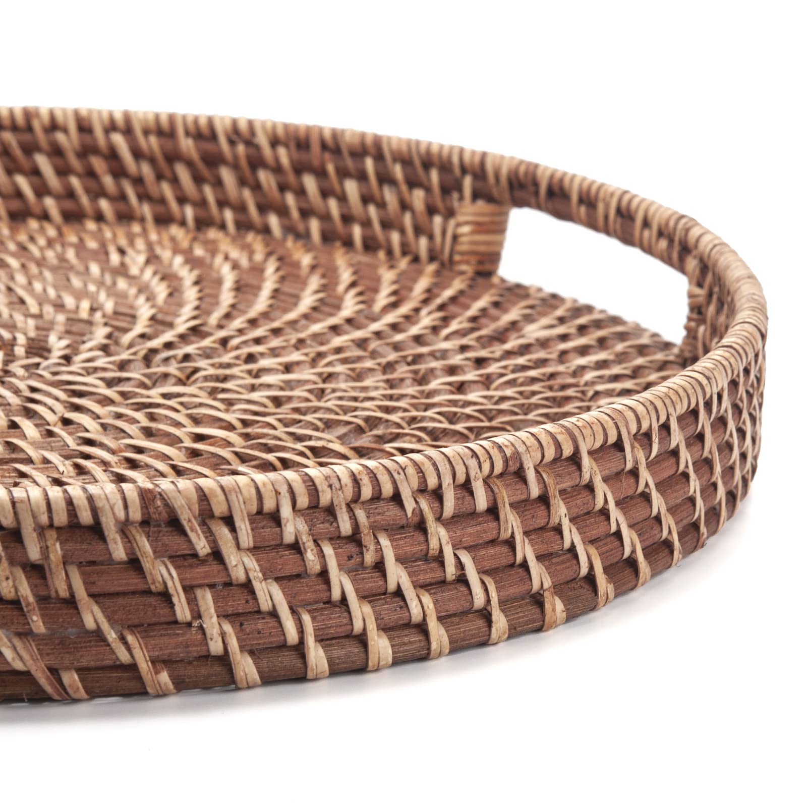 Round Rattan Woven Serving Tray With Handles Ottoman Tray For Breakfast, Drinks, Snacks For Coffee Table, Home Decorative (Honey