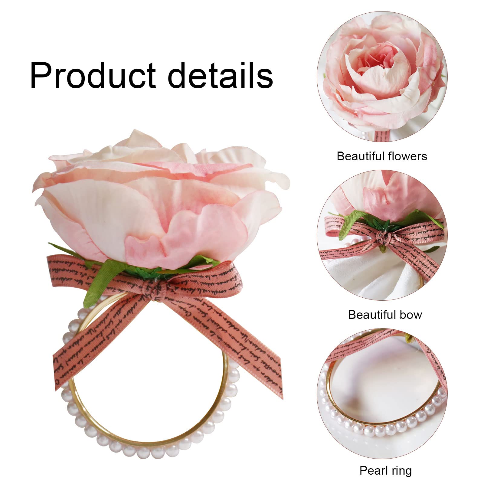 Getfitsoo Pearl Napkin Rings Set Of 6, Rustic Rose Napkin Rings Flower Dinner Napkin Holder For Mother'S Day,Wedding,Dinners,Par
