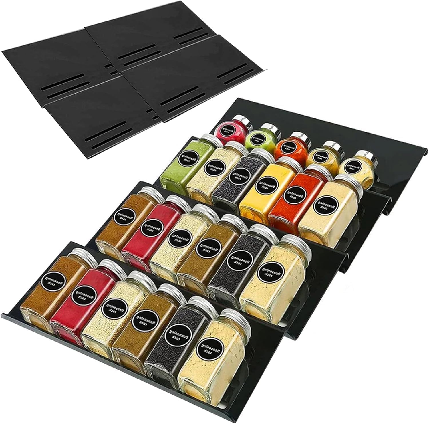 Feeling Mall Spice Drawer Organizer, Black Acrylic 4 Tier 2 Set Seasoning Jars Drawers Insert, Kitchen Spice Rack Tray For Drawe