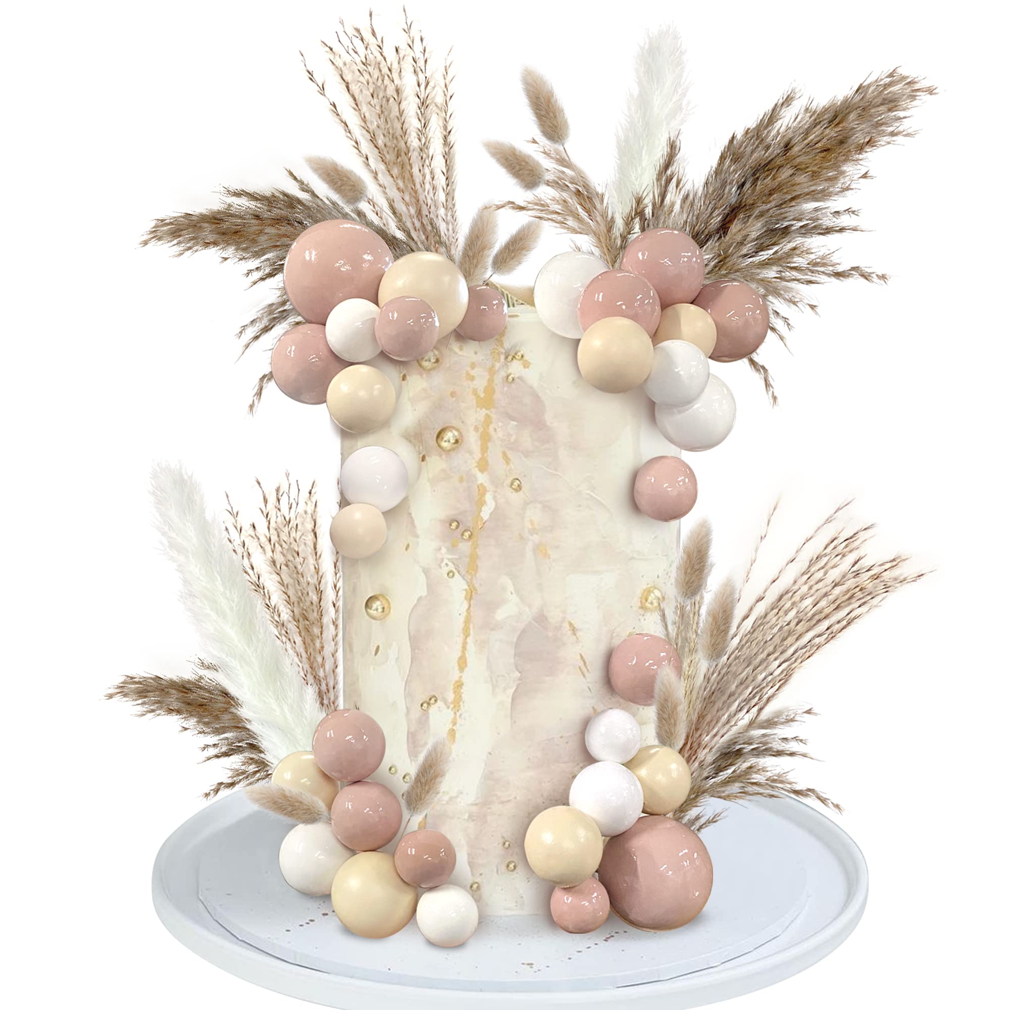 50 Pcs Boho Cake Toppers Mini Balls Cake Topper Various Dried Pampas Grass Cake Decor For Boho Home Wedding Cake Decoration (Whi
