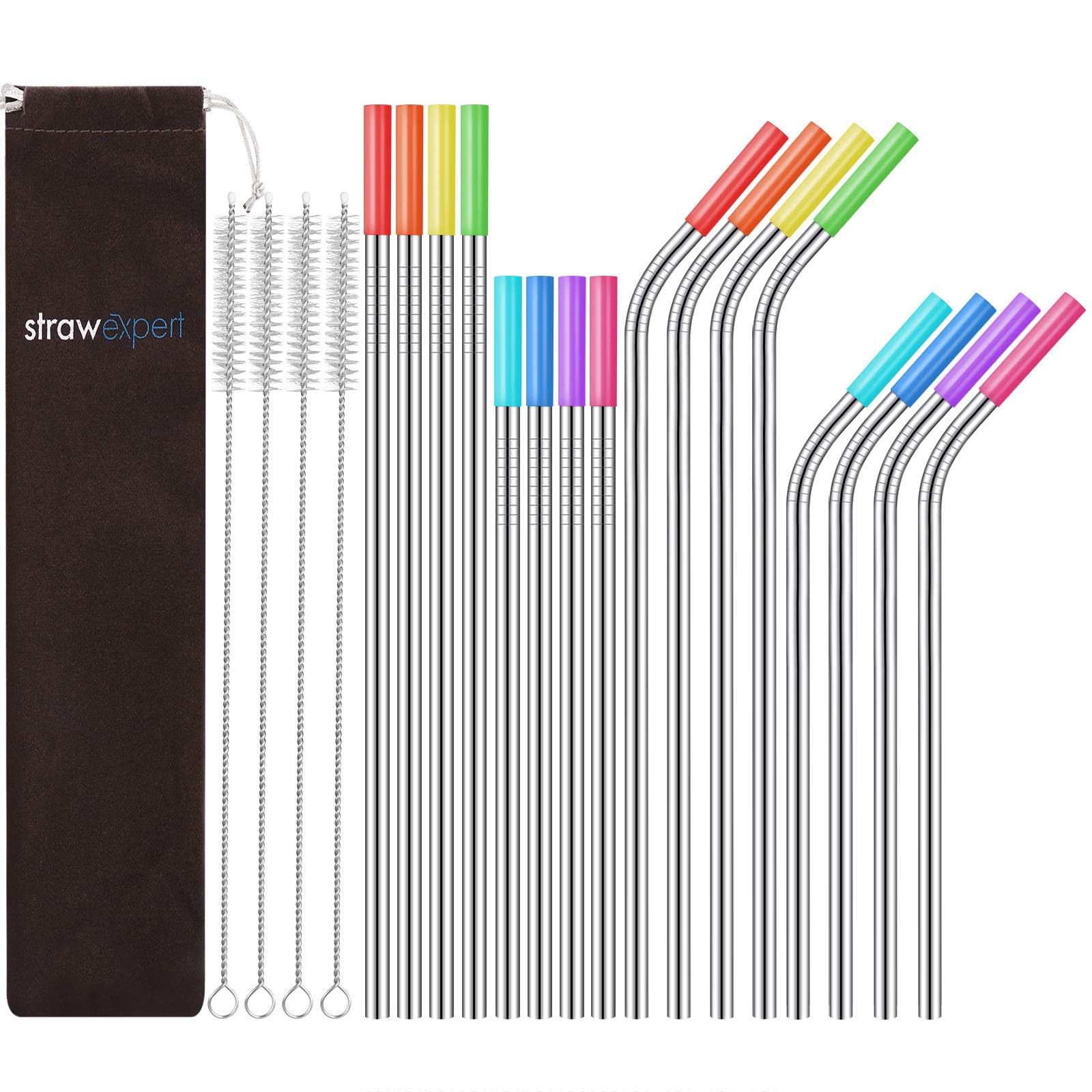 Strawexpert Set Of 16 Reusable Stainless Steel Straws With Travel Case Cleaning Brush Silicone Tips Eco Friendly Extra Long Meta