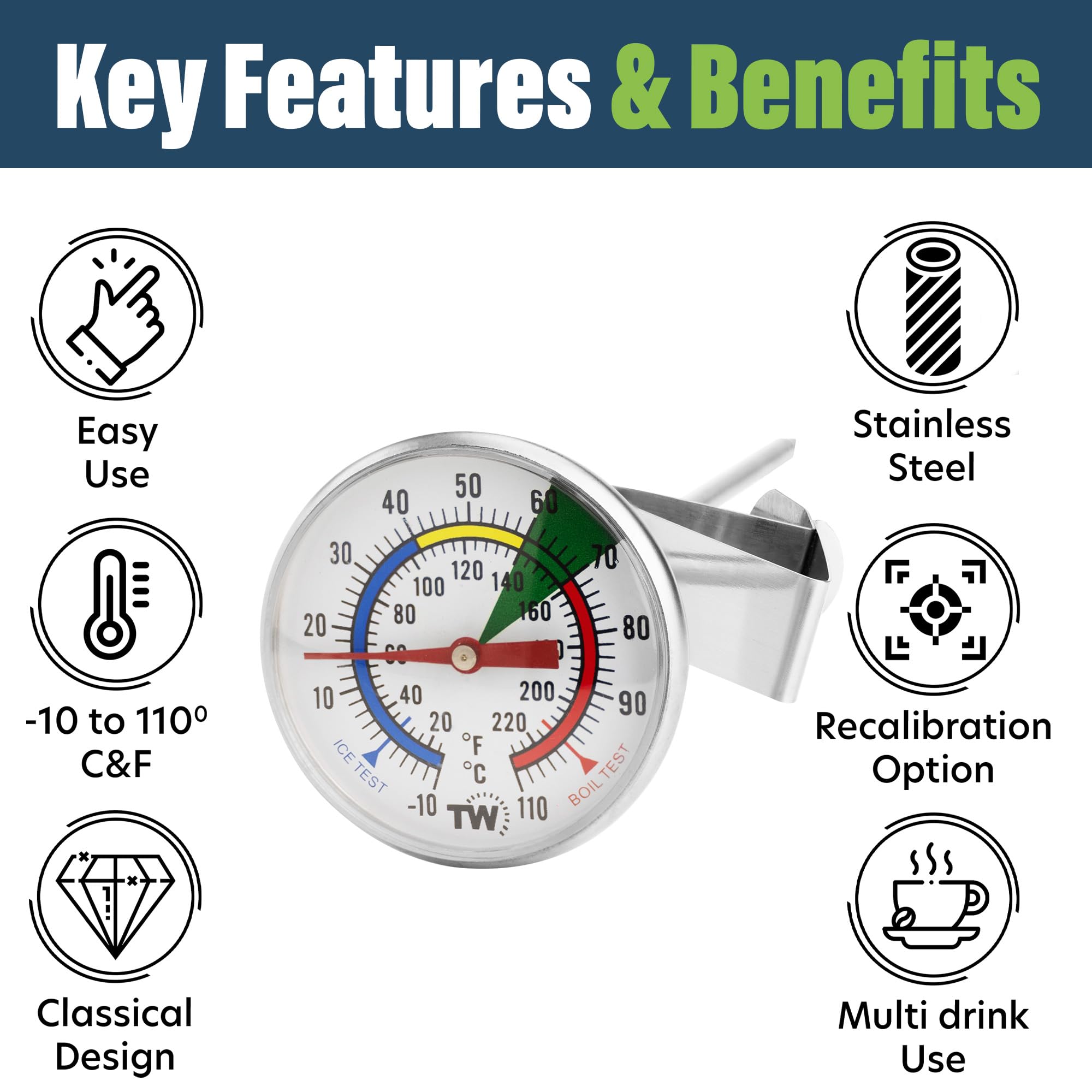 Thermometer World Milk Thermometer for Steaming Milk - Green Color, Model 8541985734