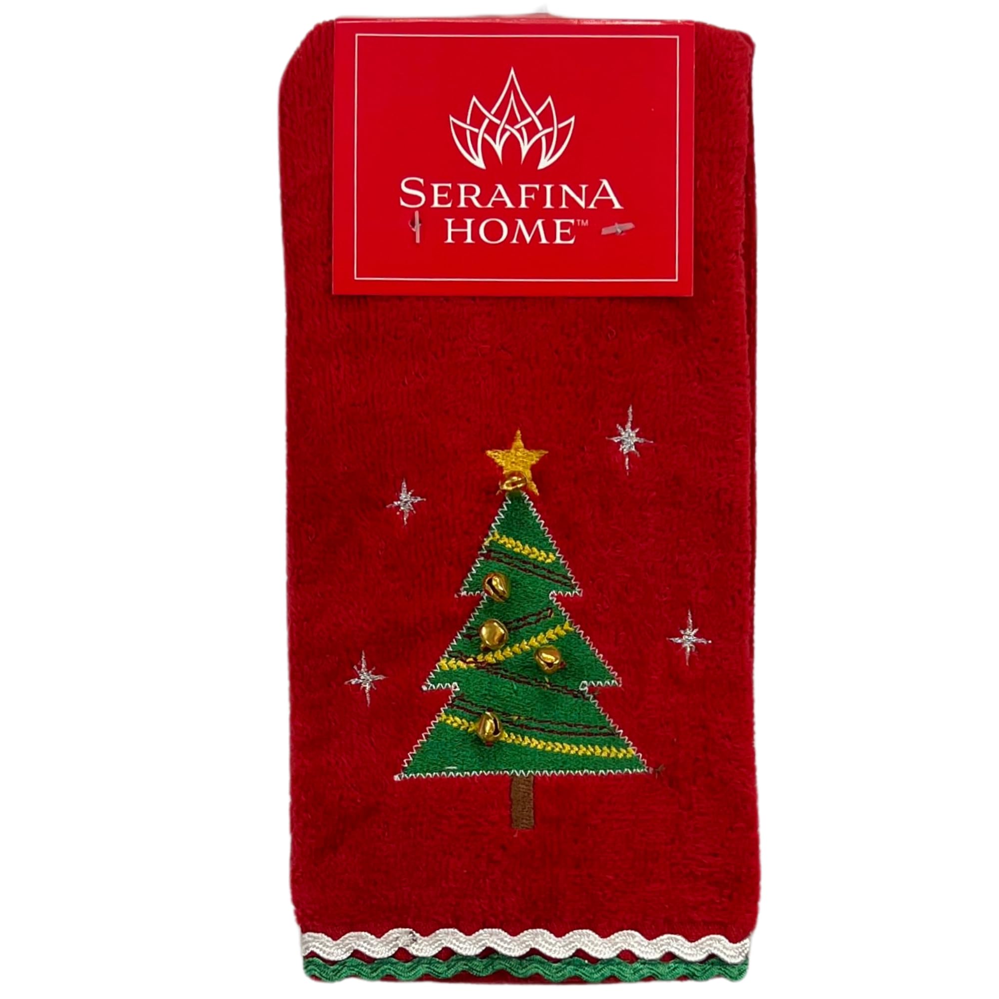 Serafina Home Holiday Christmas Bath Fingertip Towels, Embroidered Christmas Tree With Jingle Bells And Double Stitched Hem On R