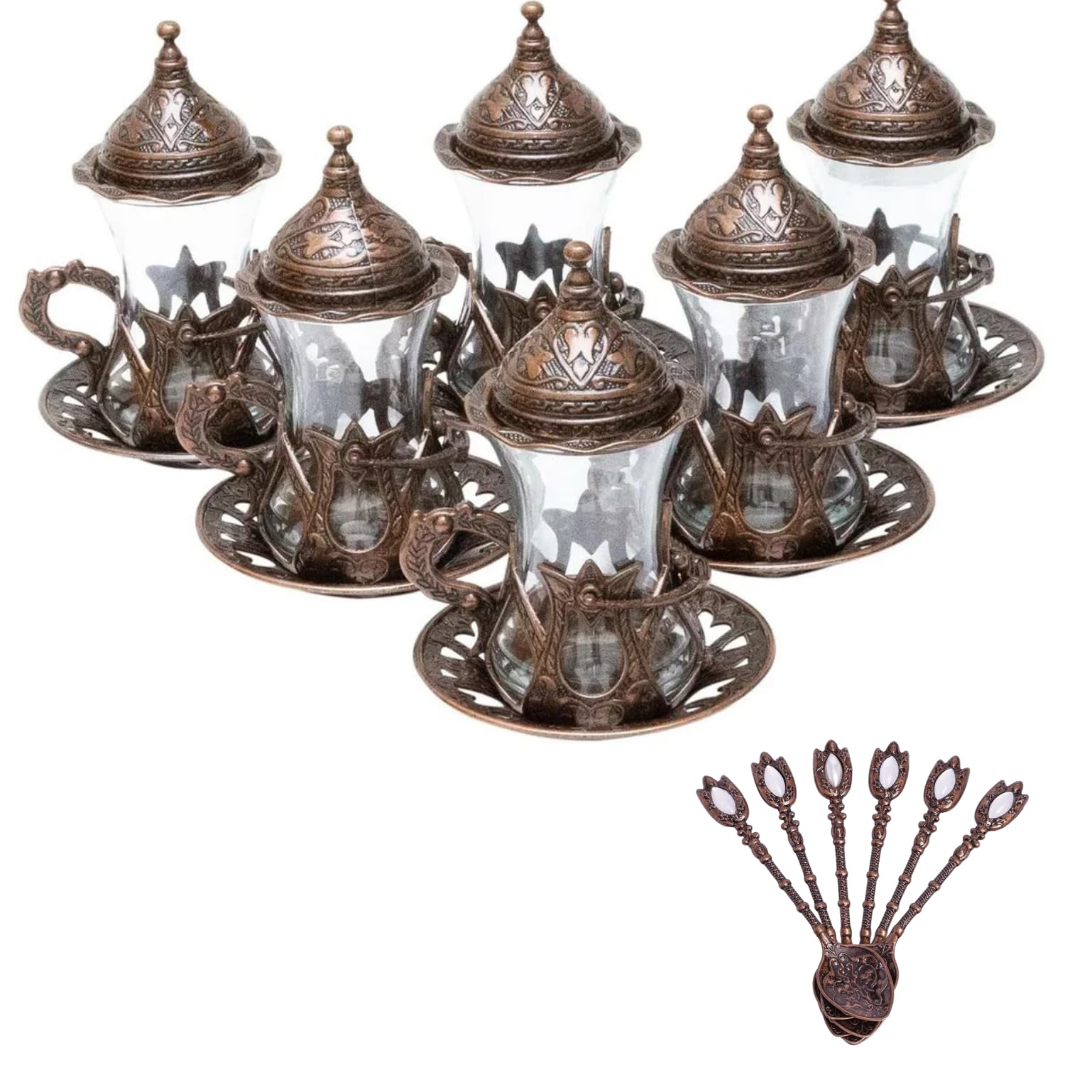 Alisveristime (Set Of 6 Handmade Turkish Tea Water Zamzam Serving Set Glasses Saucer And Spoon (Copper)
