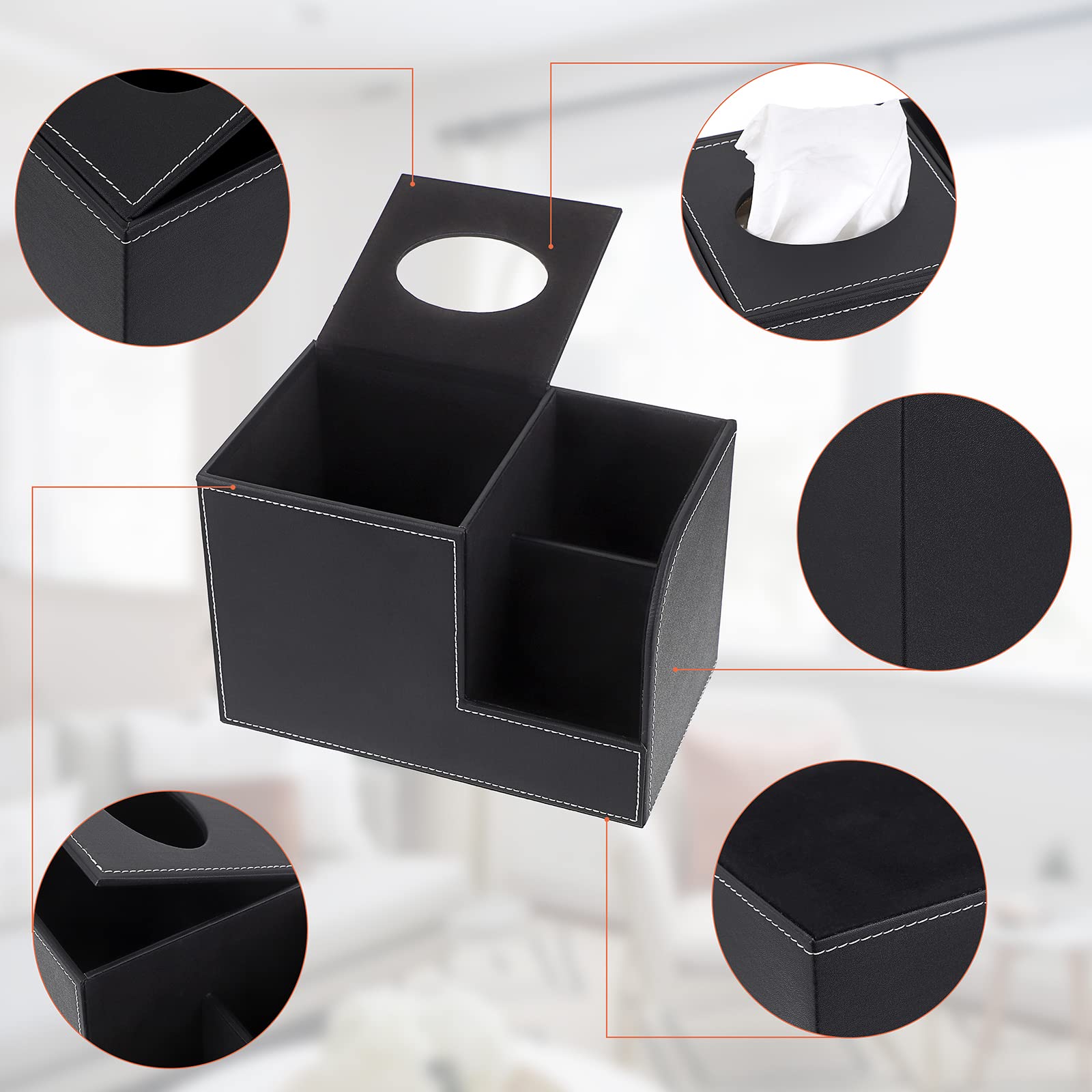 Sumnacon Square Leather Tissue Box Cover - Decorative Cube Tissue Box Holder With Side Organizer, Modern Tissue Box For Living R