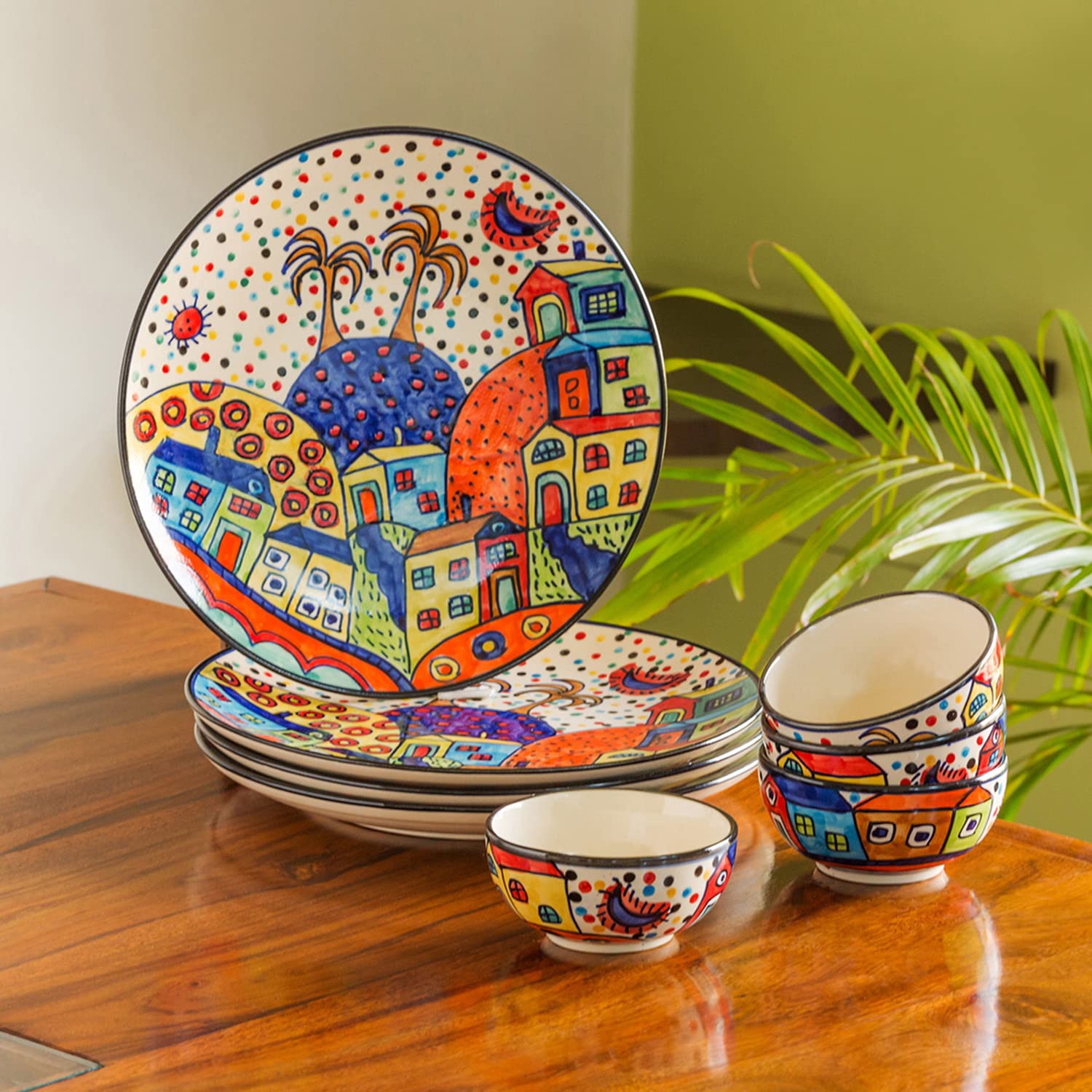 Exclusivelane Hut Dining Handpainted Ceramic Dinner Set Ceramic Plates For Dinner Plates With Ceramic Bowls Katoris (8 Pieces,