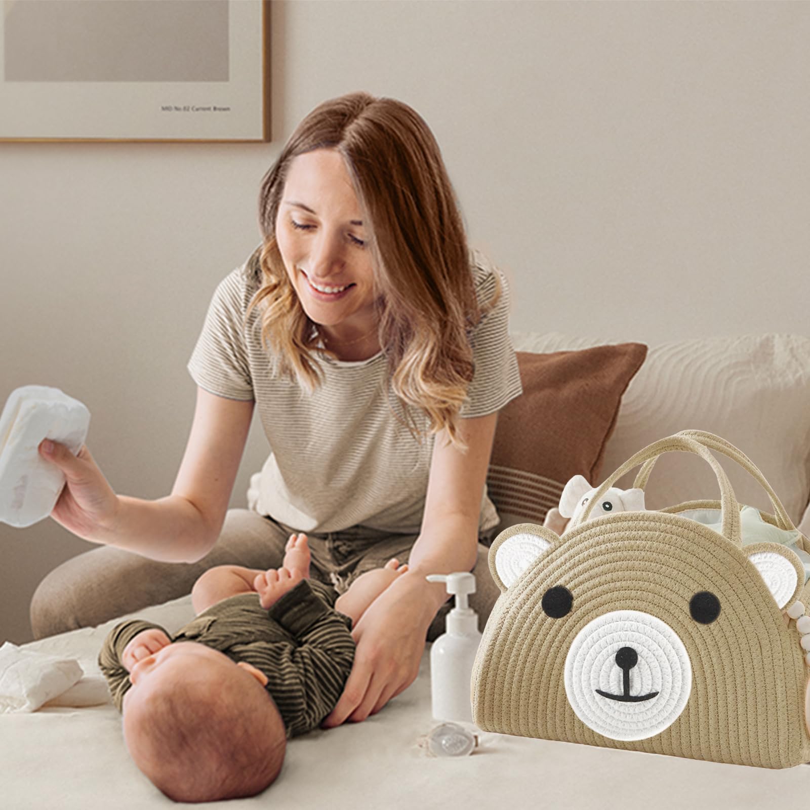 Diaper Caddy Organizer, Baby Gift Basket, Large Storage Basket, Cute Bear Design Gift for Baby Shower, Newborn Essentials, Brown