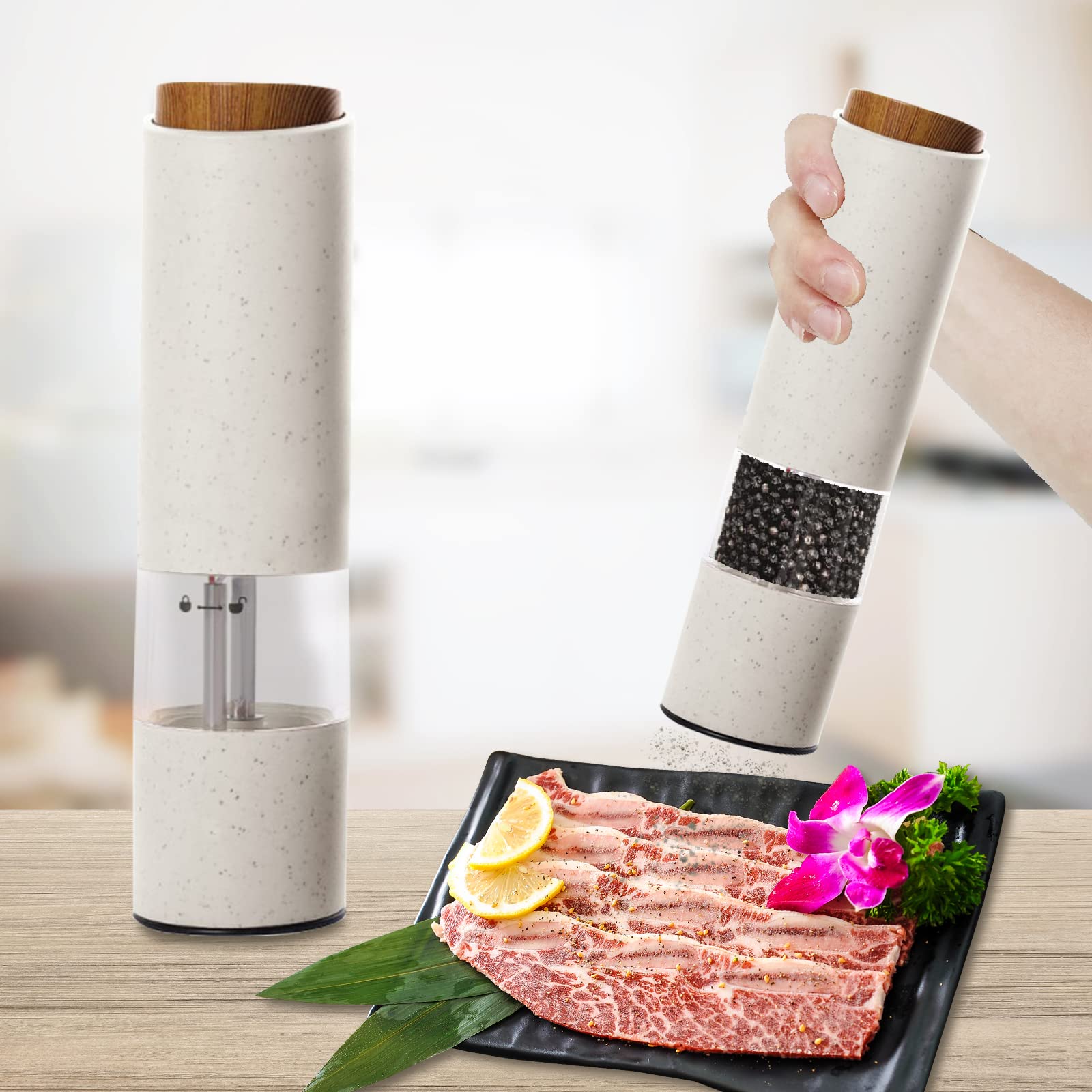 AmaCielo Electric Salt and Pepper Grinder  Pepper Grinder Set 2pcs  Wheat Straw Eco-friendly Material Automatic Pepper Salt Grinder  Adjustable Roughness  One Hand Operation