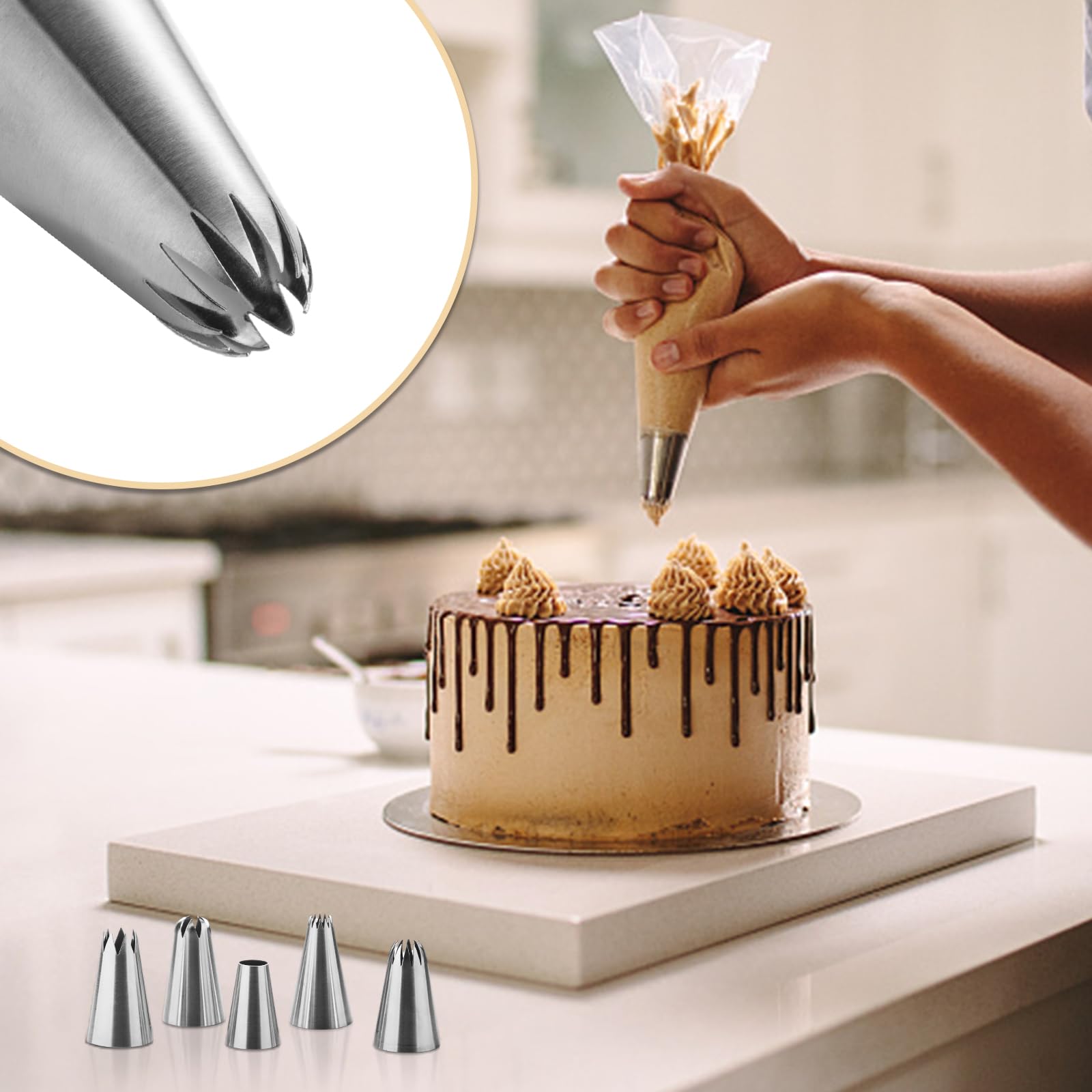 Shoxil Large Piping Tips Set, Frosting Piping Kit 5 Different Stainless Steel Piping Tips For Cupcakes Cakes Cookies Decorating