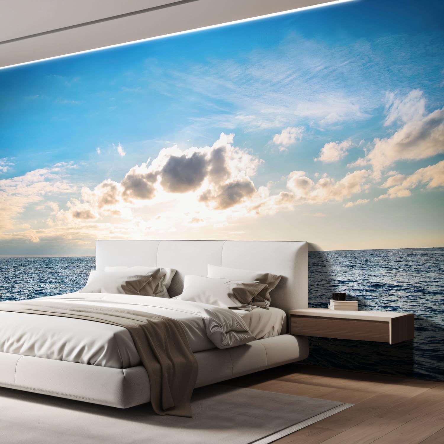 Wall26 With Blue Water, Sky And Clouds. Sunset Above Seascape - Removable Wall Mural | Self-Adhesive Large Wallpaper - 66X96 Inc