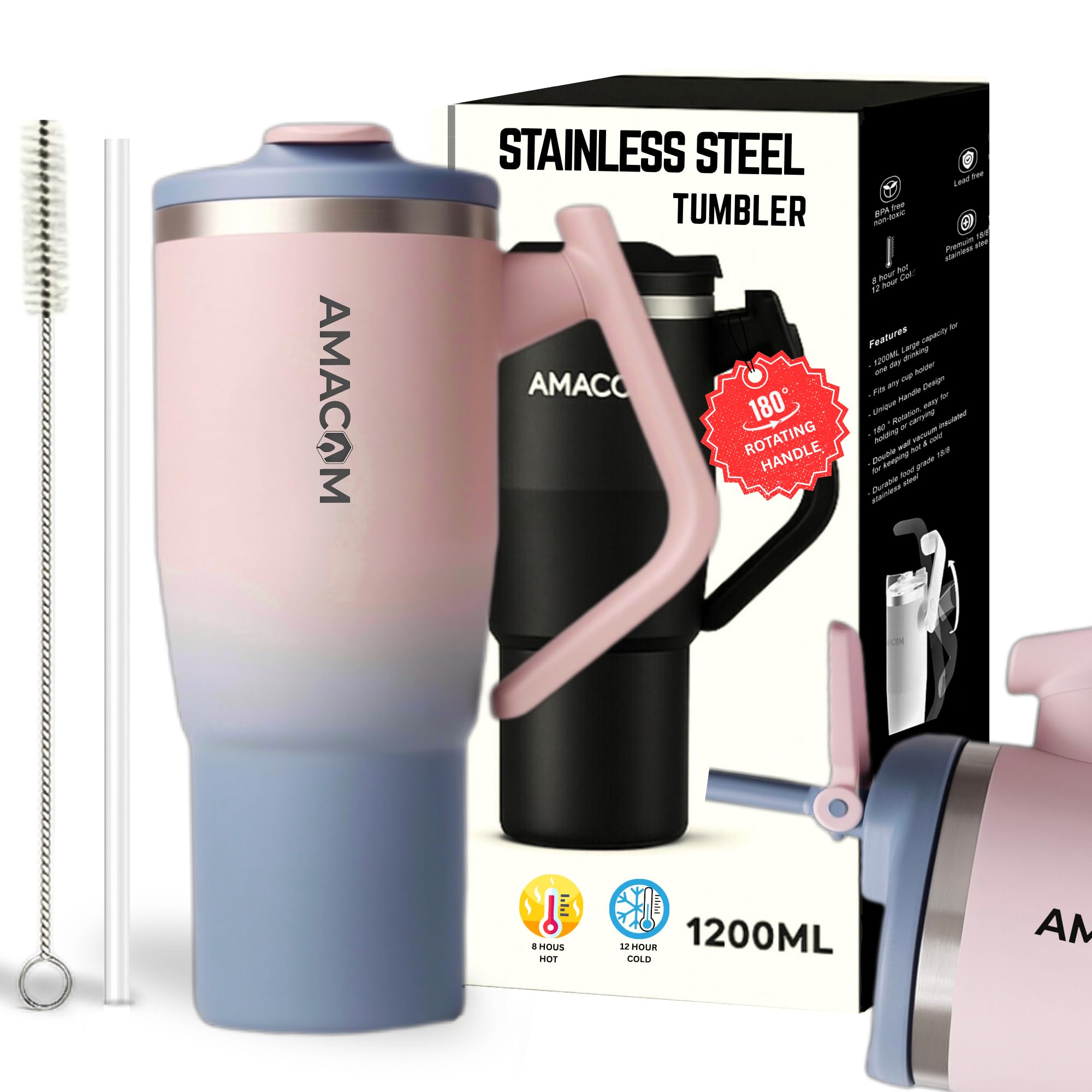 Amacom Hydration Booster Insulated Stainless Steel 1.2 L Tumbler With Lid & Straw | 100% LeakProof Hot & Cold Travel Mug For Off