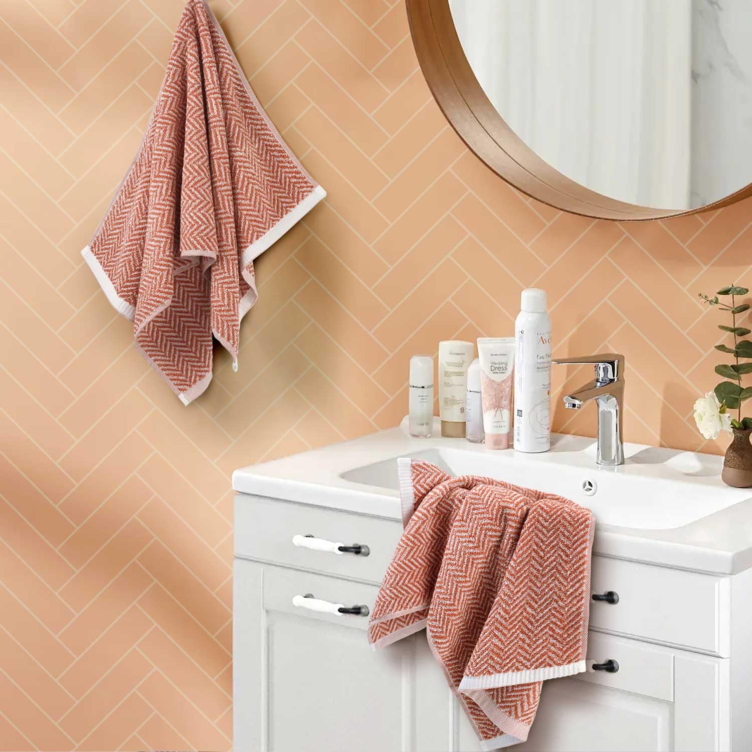 Coral Hand Towels For Bathroom With Herringbone Stripes, Stylish 100% Ctton Hand Towel Set Of 4, Ultra Soft And Highly Absorbent