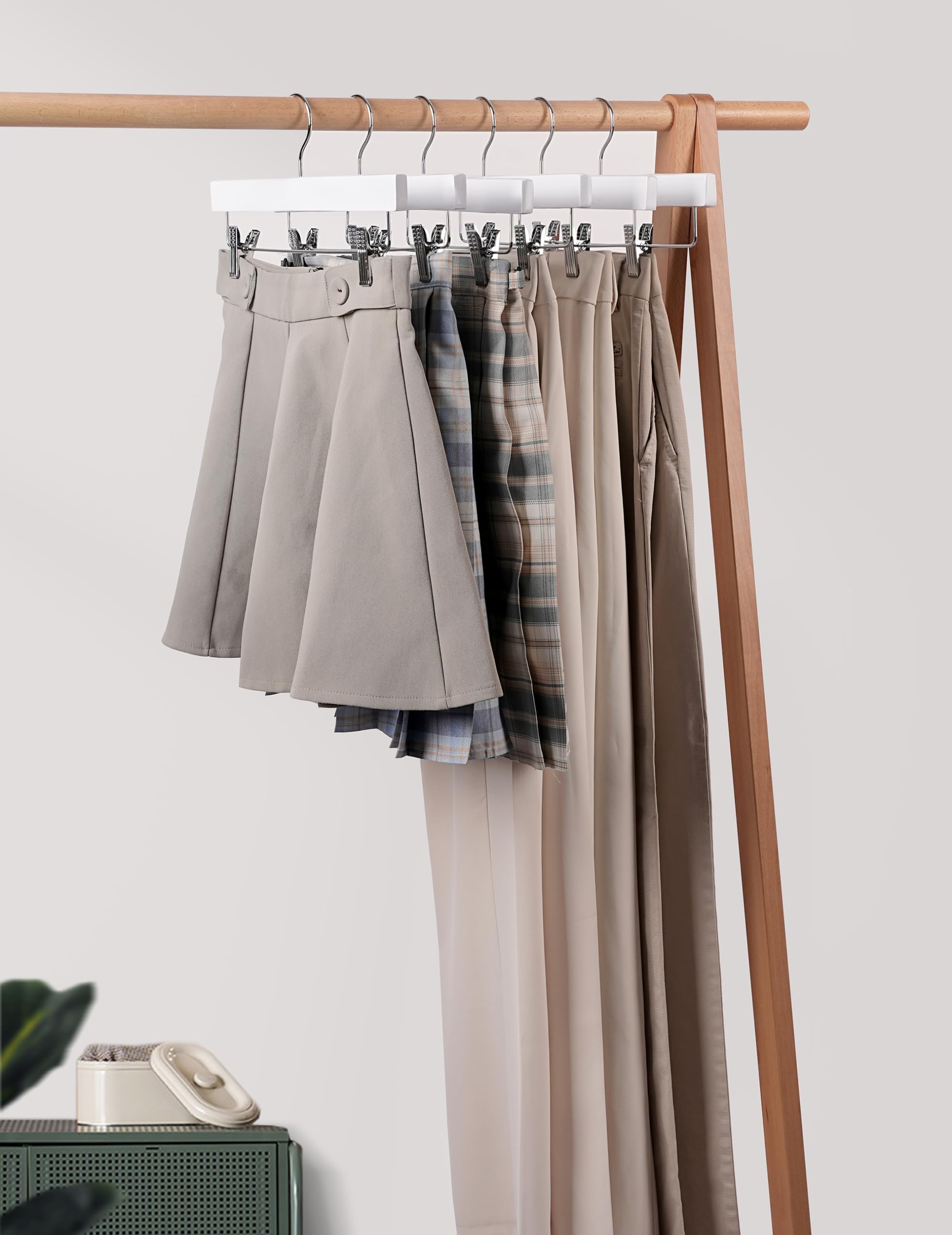 Wooden Pants Hangers, Solid Wood Bottom Jeans Skirt Hanger With 2-Adjustable Clips Anti Rust Hook Pack Of 10 (White)-Hl01Wp