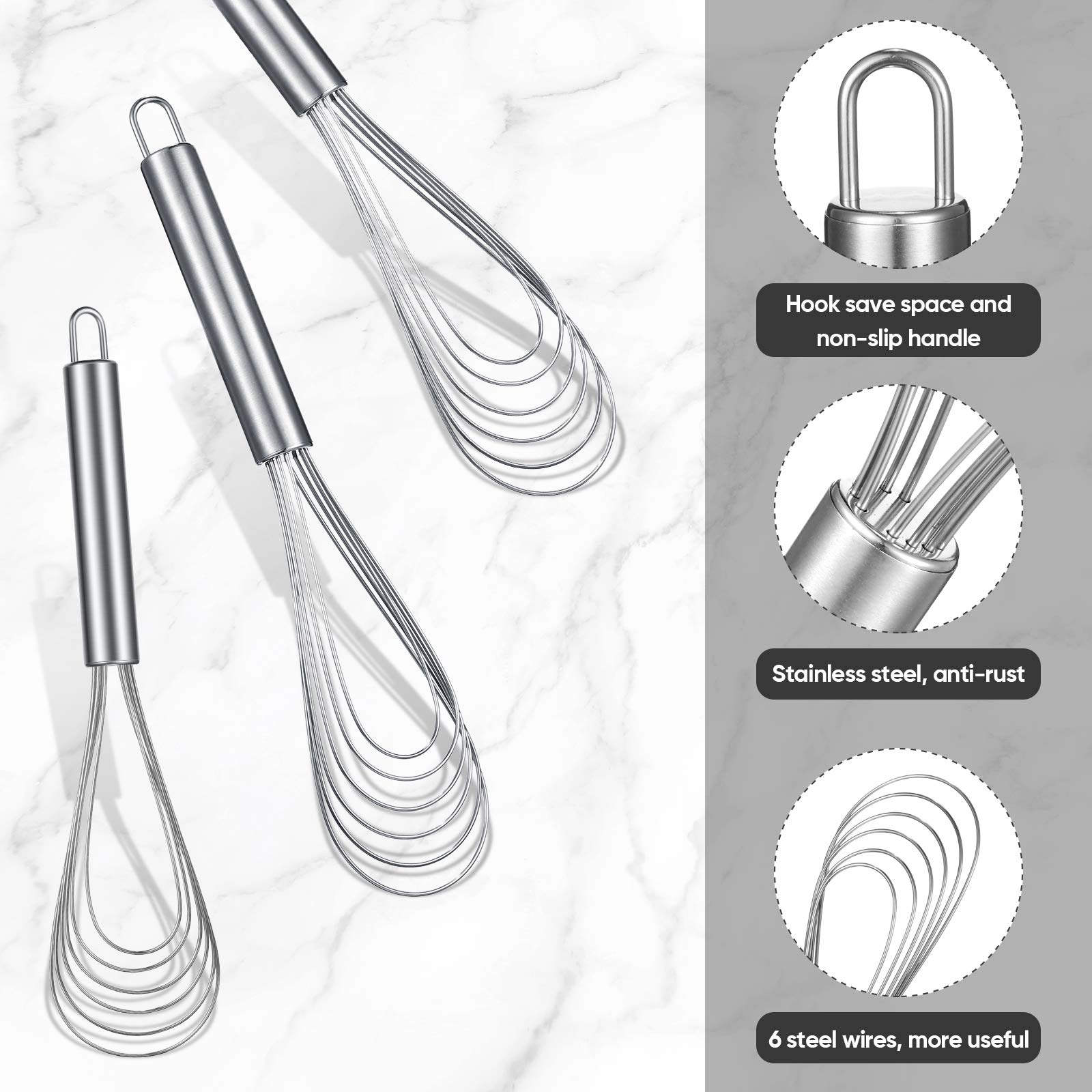 Patelai 3 Pieces Stainless Steel Kitchen Flat Whisk Set Stainless Steel Flat Wire Egg Utensils Whisk 6 Wires Egg Mixing Whisk Fo