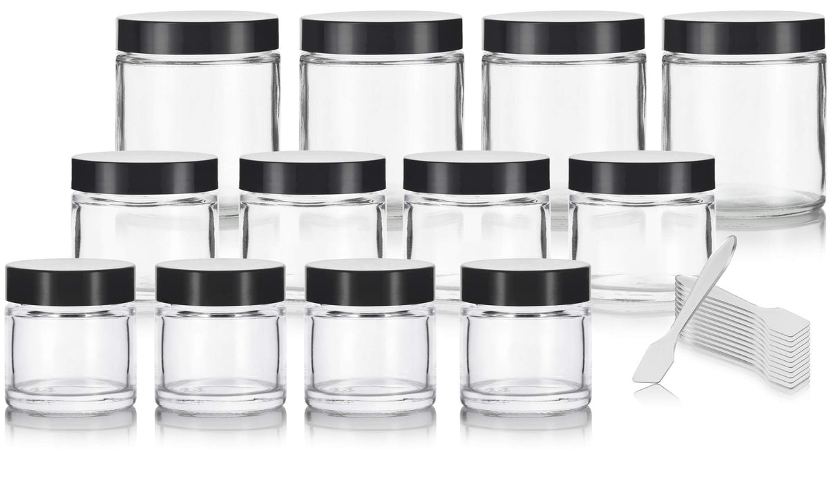 Clear Glass Straight Sided Jars (12 Pack) Includes 4-1 Oz, 4-2 Oz, 4-4 Oz Clear Glass Jars + Spatulas