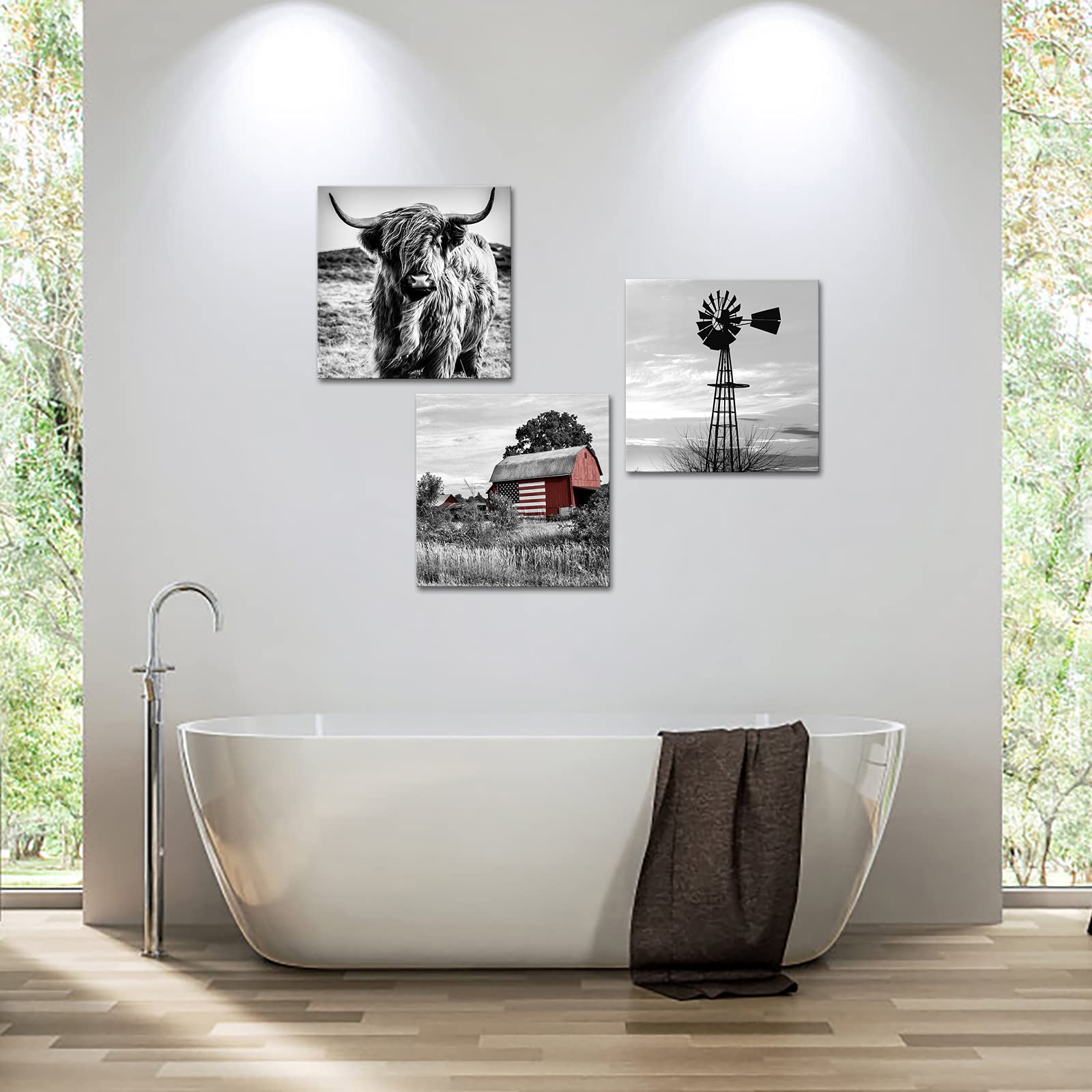 Black And White Canvas Set Of 3 Wall Art Prints Farmhouse Barn American Flag Highland Cow And Windmill Pictures Rustic Farm Coun