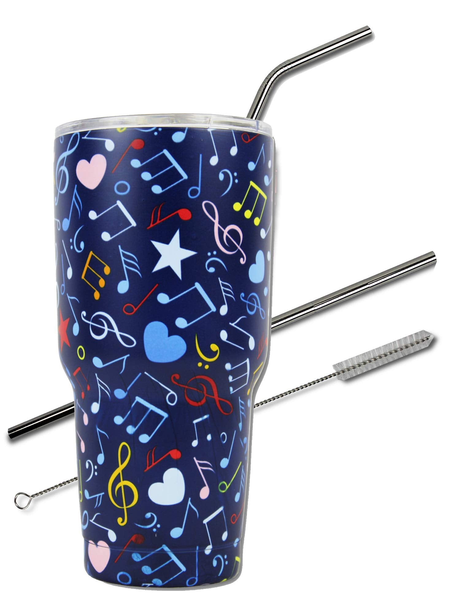 Music Note Tumbler Cup 30 Oz With Lid, Straw And Cleaner, 30 Oz Gift For Mom Teacher Piano Travel Coffee Mug, Stainless Steel, V