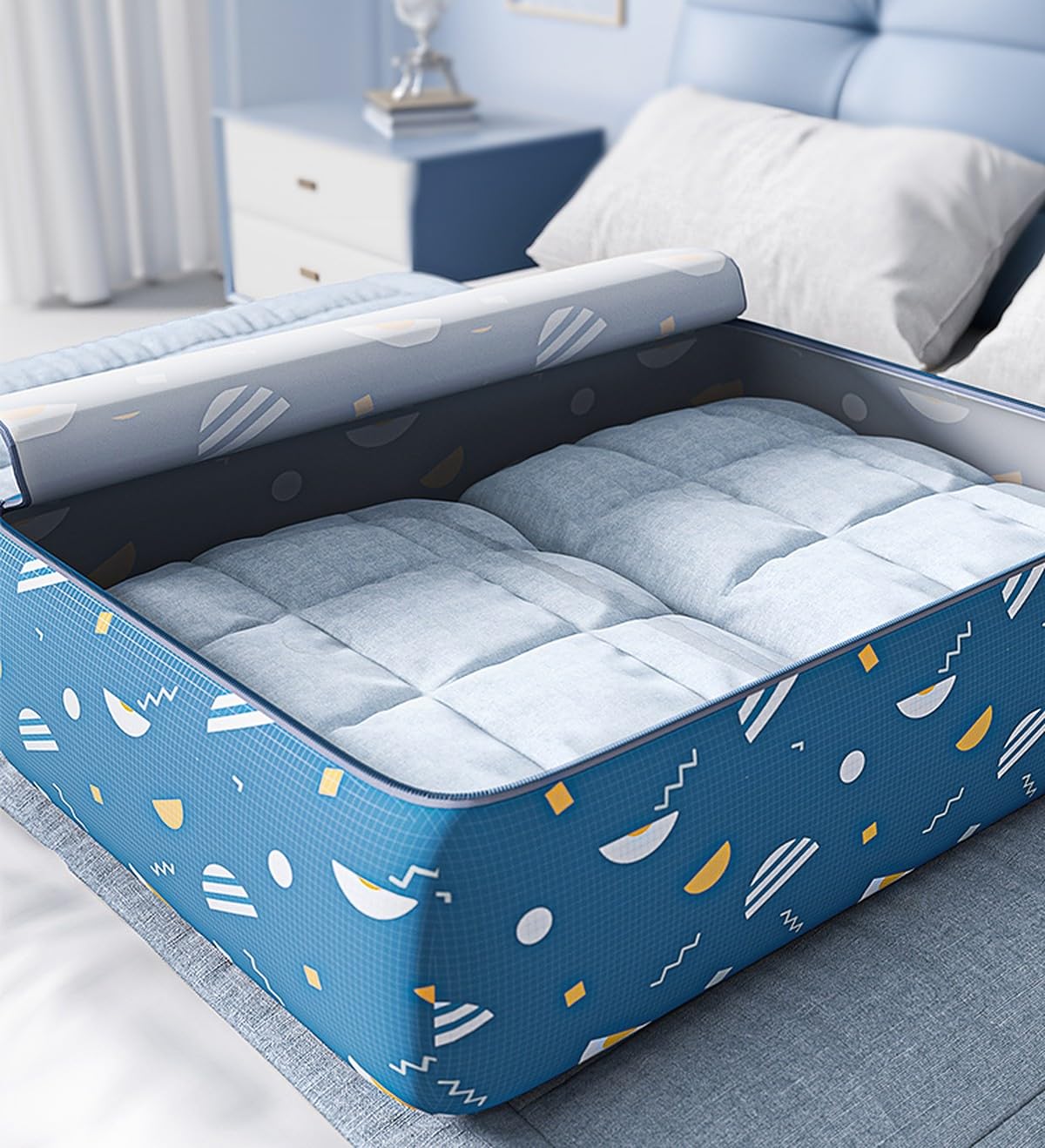 Wolpin Non-Woven Extra Large Size Underbed Storage Bag Waterproof (70 X 30 X 50 Cm) - Zippered Closure & Handle Geometry Print,