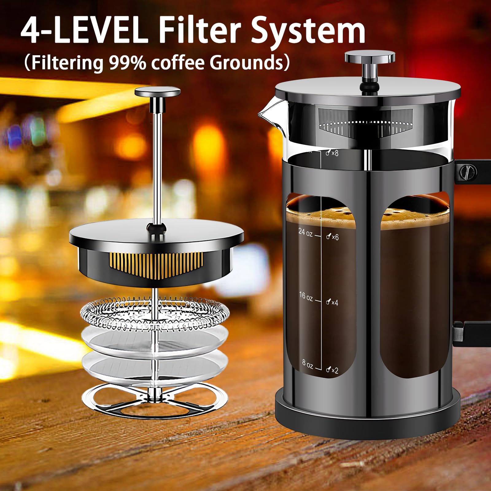 Ymmind French Press Coffee Maker (34Oz 1Quart 5-6Cup) Coffee Press, With 4 Filters System, Heat Resistant Thickness Borosilicate