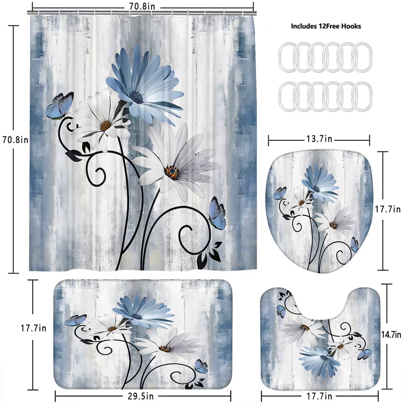 Azhm Blue Daisy Flower Shower Curtain Set 4Pcs Rustic Farmhouse Bathroom Decor Set With Shower Curtain And Rugs And Accessories