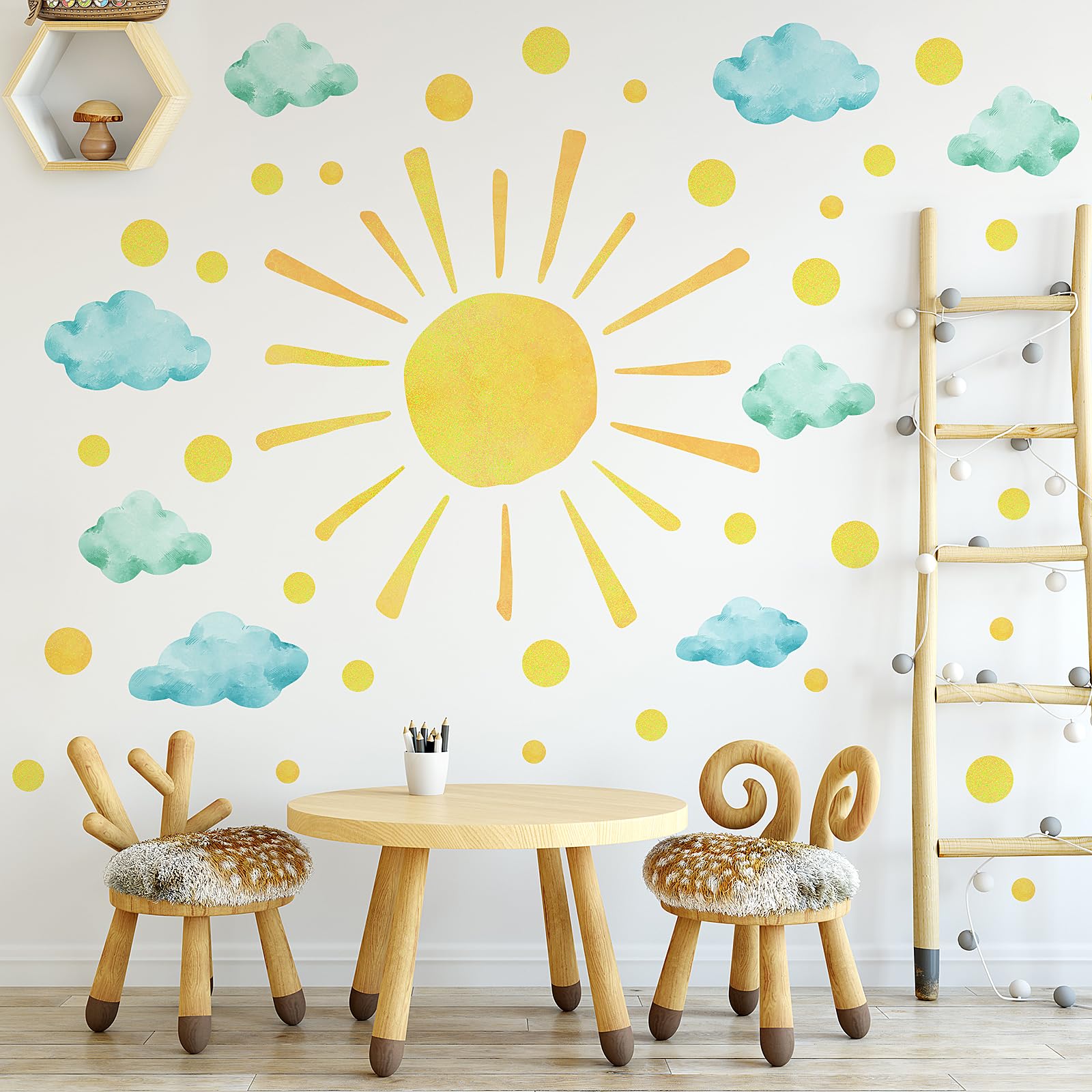 Sun And Clouds Wall Decals Polka Dots Decal Watercolor Boho Sun Wall Decals Peel And Stick, Pvc Sunrise Wall Stickers Sunshine W