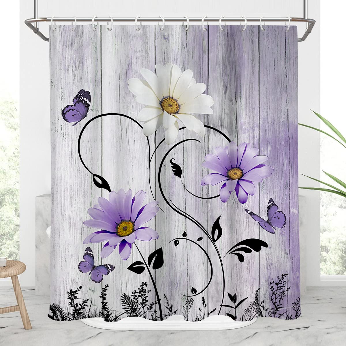Aatter Purple Flowers Shower Curtain Rustic Floral Lavender Lilac Boho White Daisy Black Leaves Spring Butterfly Grey Gray Count