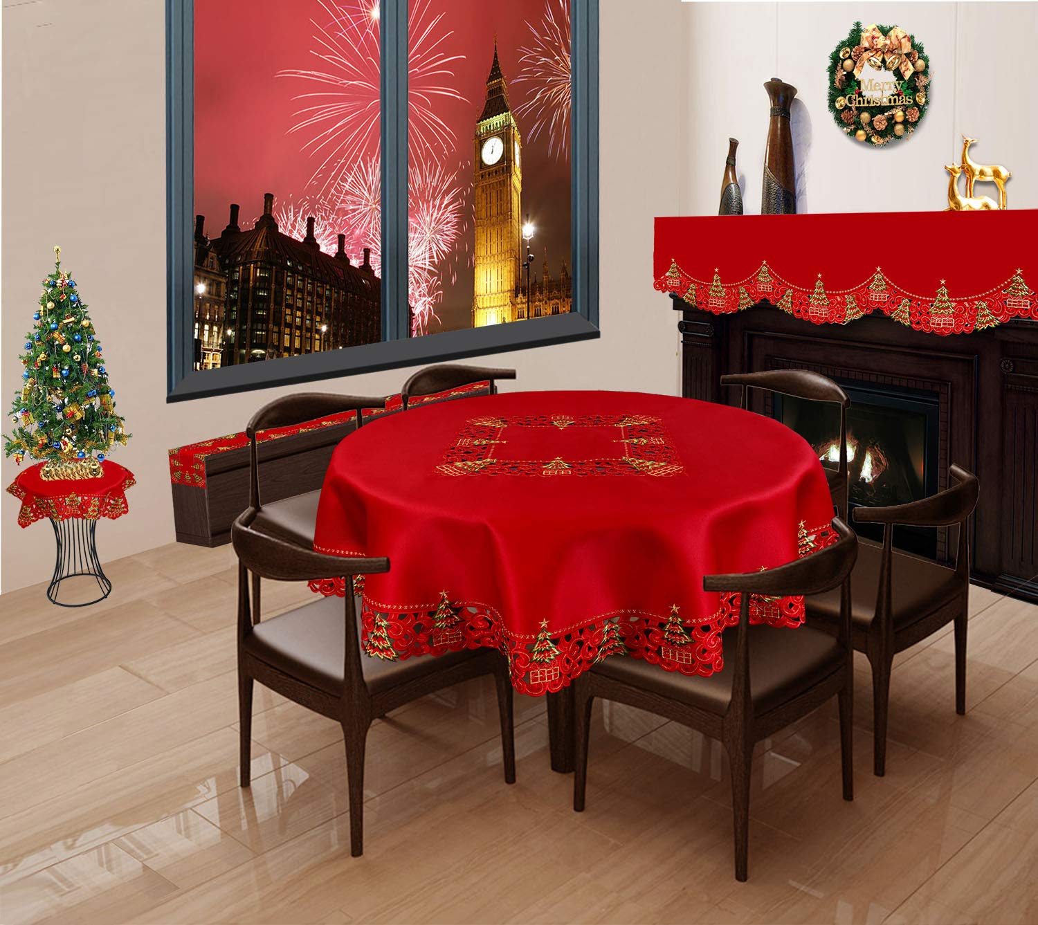Grelucgo Embroidered Christmas Holiday Holly Tree Tablecloth (52 Inches Round Tablecloth)