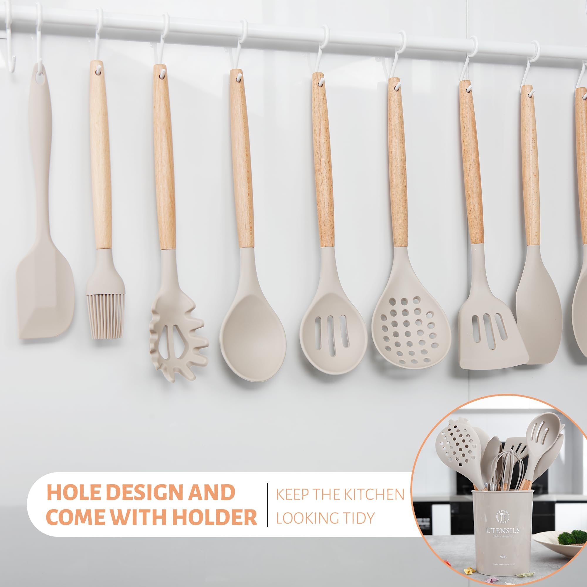 Hvygss 26 Pcs Kitchen Utensils Set With Holder, Large Silicone Cooking Utensils Set For Nonstick Cookware Wooden Handle Spatulas