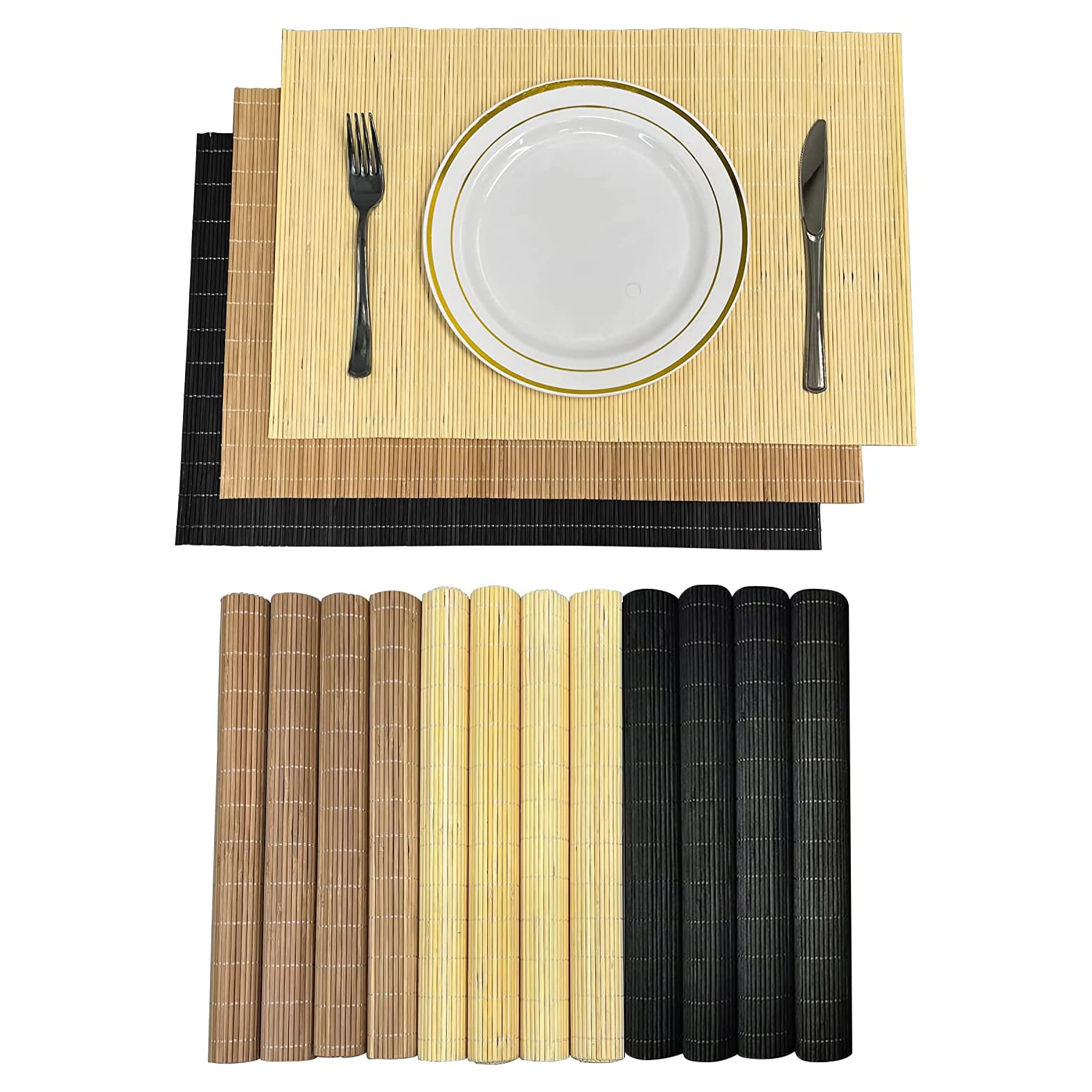 Andstar Set Of 12 Pcs Bamboo Placemats Natural Anti-Slip Bamboo Placemats Washable Heat-Resistant Table Mats For Dining Room And
