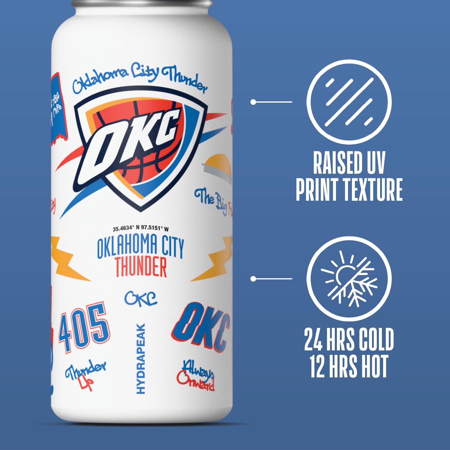 Hydrapeak x NBA Officially Licensed Oklahoma City Thunder 32 oz Active Water Bottle with Chug Lid Reusable Stainless Steel Doubl