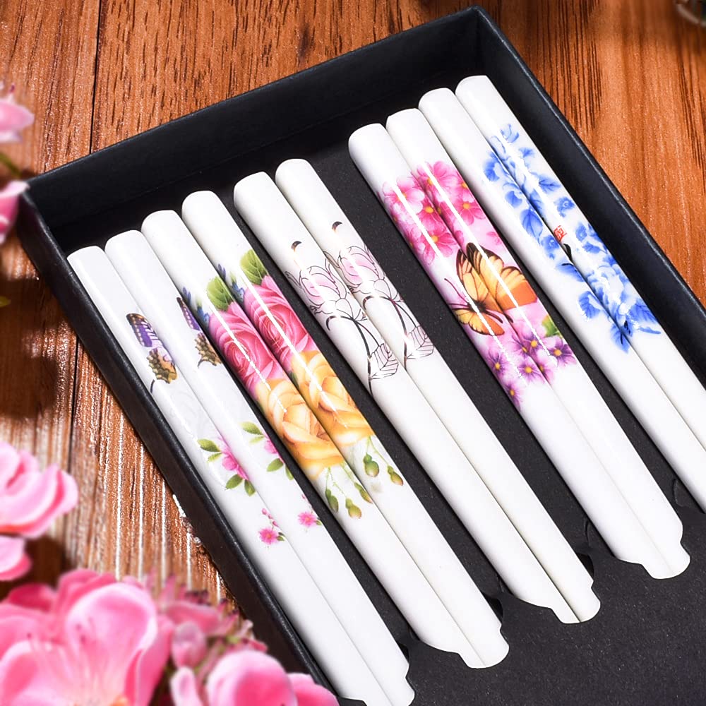 5 Pairs Porcelain Chopsticks, 9.5 Inch High-Grade Bone Chopsticks, Reusable Dishwasher Safe
