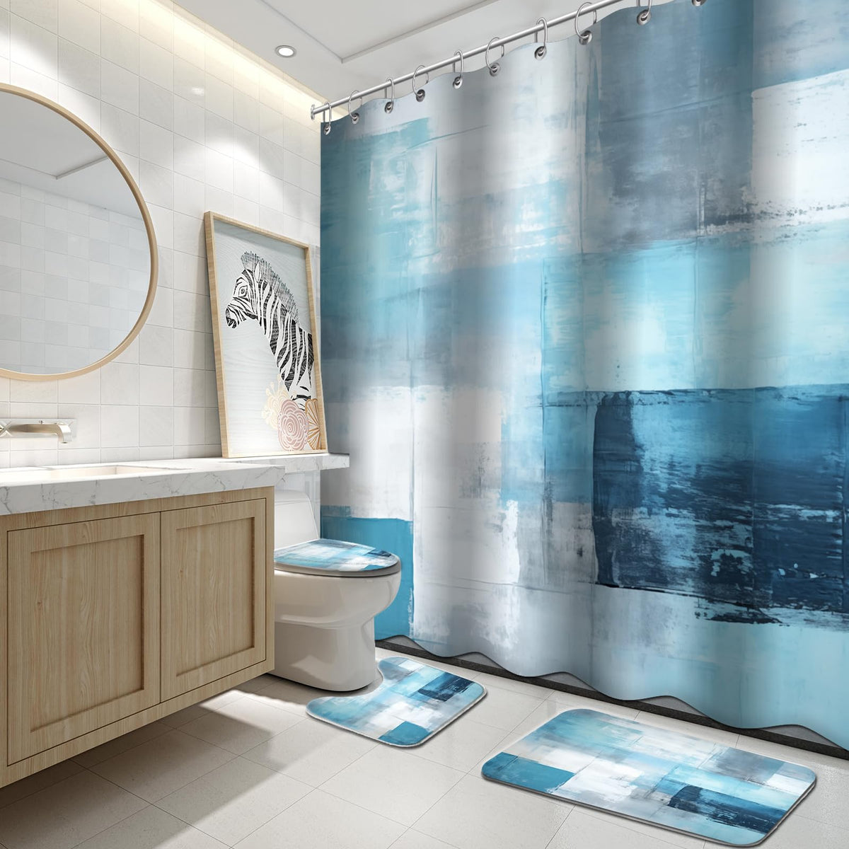 Lnond 4Pcs Bathroom Shower Curtain Sets With Rugs,Turquoise White Painting Art Bathroom Sets With Shower Curtain And Rugs And Ac