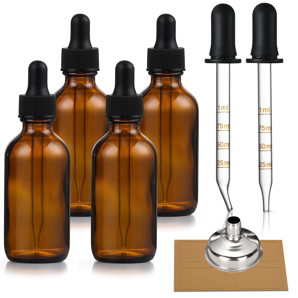 4 Pack, 1 Oz Amber Glass Dropper Bottles Plus 2Pcs Graduated Calibrated Glass Pipettes (1Ml)- 30Ml Dark Brown Tincture Bottles W