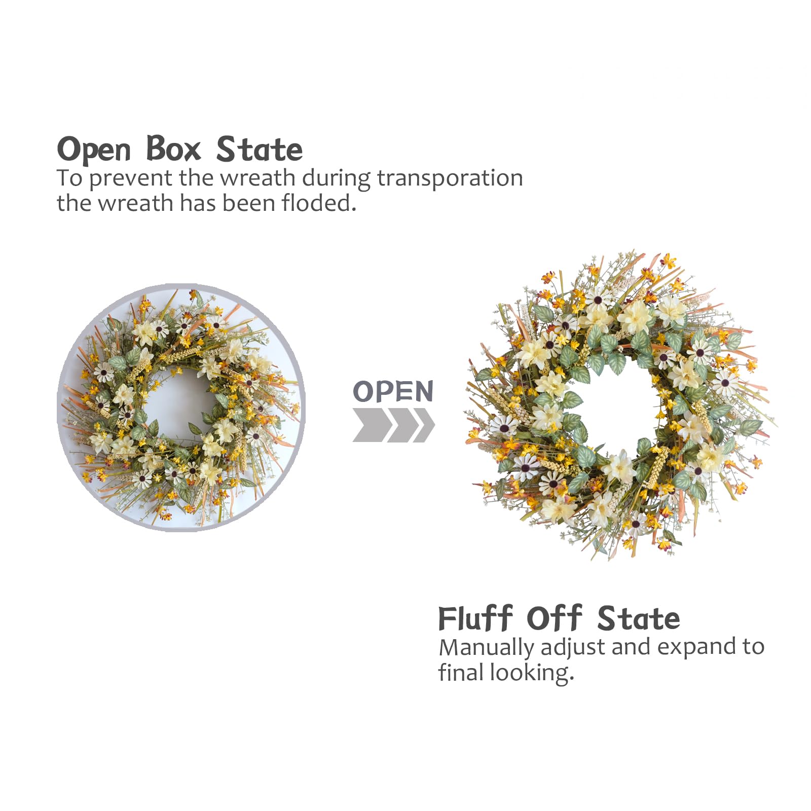 idyllic 22 Inches Fall Front Door Wreath with Yellow and White Daisies Flowers, Ear of Wheat, Green Leaves, Autumn Harvest Wreat