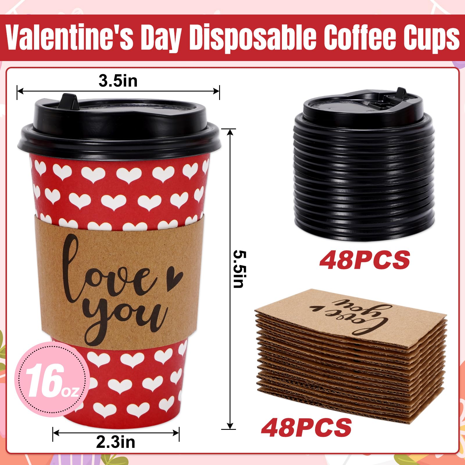 Jarthenaamcs 48 Pack Red White Heart Disposable Coffee Cups With Lids And Sleeves Valentine'S Day Paper Cups Love Drinking Cups