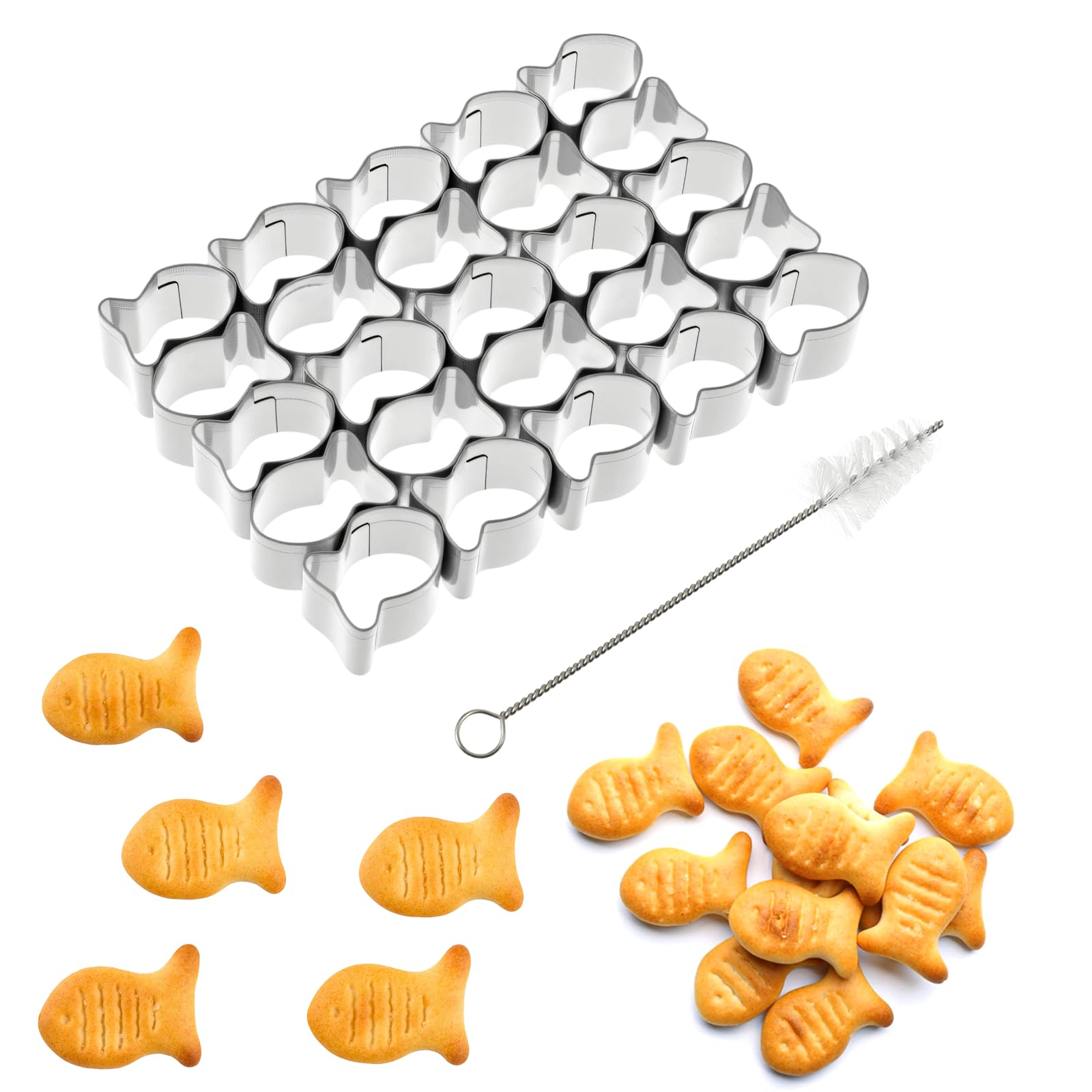 25 Cavity Goldfish Cutter for Crackers, Goldfish Cookie Cutter Stainless Steel Mini Fish Mold, Non-Stick Dough Press for Homemad