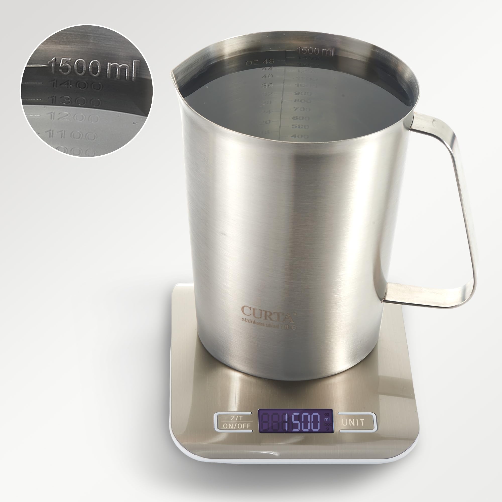 Curta 18/8 Stainless Steel Measuring Cup With Handle And Pour Lip, Metal Pitcher With Oz And Ml Marking, 48Oz/1500 Ml- 6 Cup), H