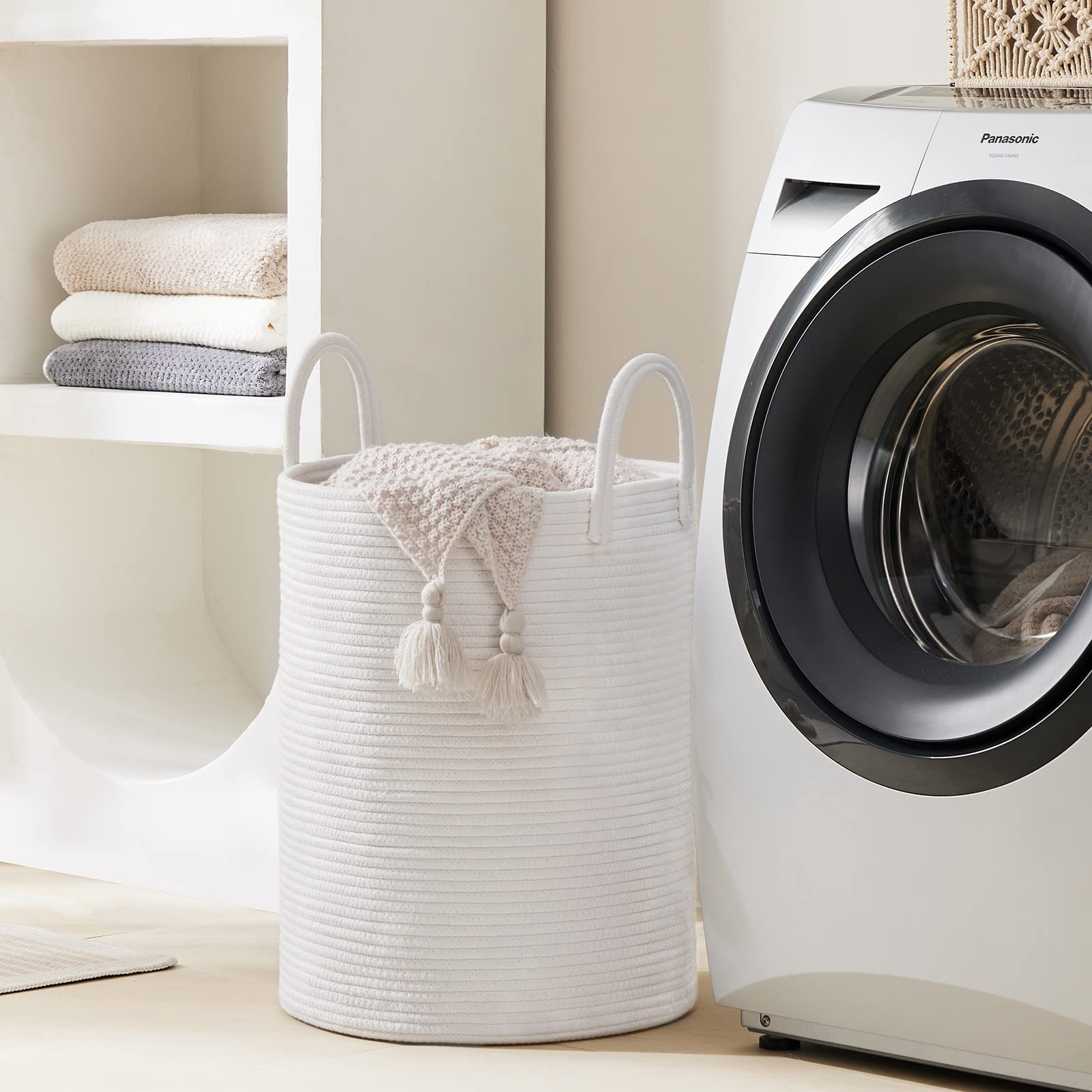 Youdenova Cotton Rope Laundry Hamper Basket, 58L Tall Woven Collapsible Baskets For Blanket Organizing Clothes Hamper For Laundr