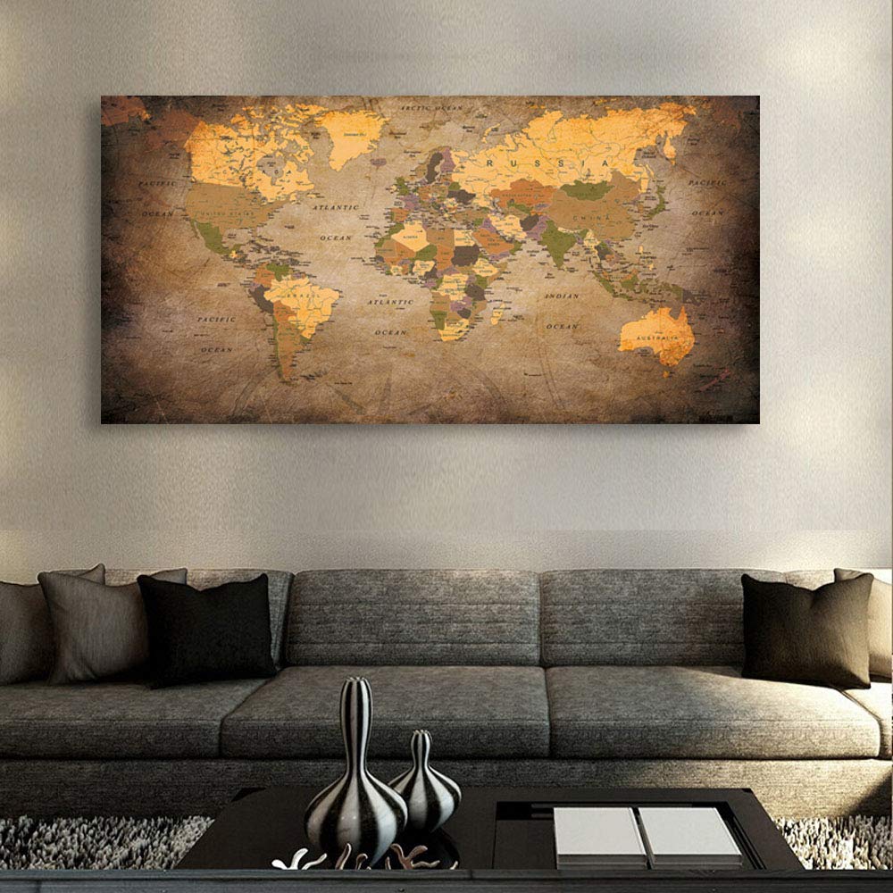 Baisuwallart- 1 Piece Vintage World Map Canvas Wall Art- Ready To Hang ...