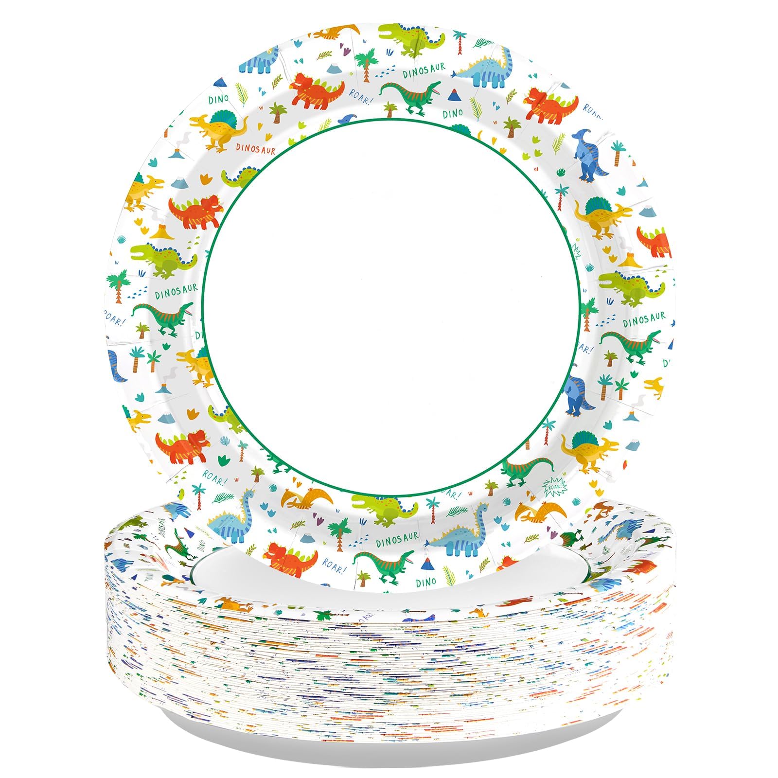 Grencian 100 Pcs Kids Dinosaur Plates Dinosaur-Themed Disposable Heavy Duty Paper Plates 9 Round Large Dino Plate for Boys Kids 