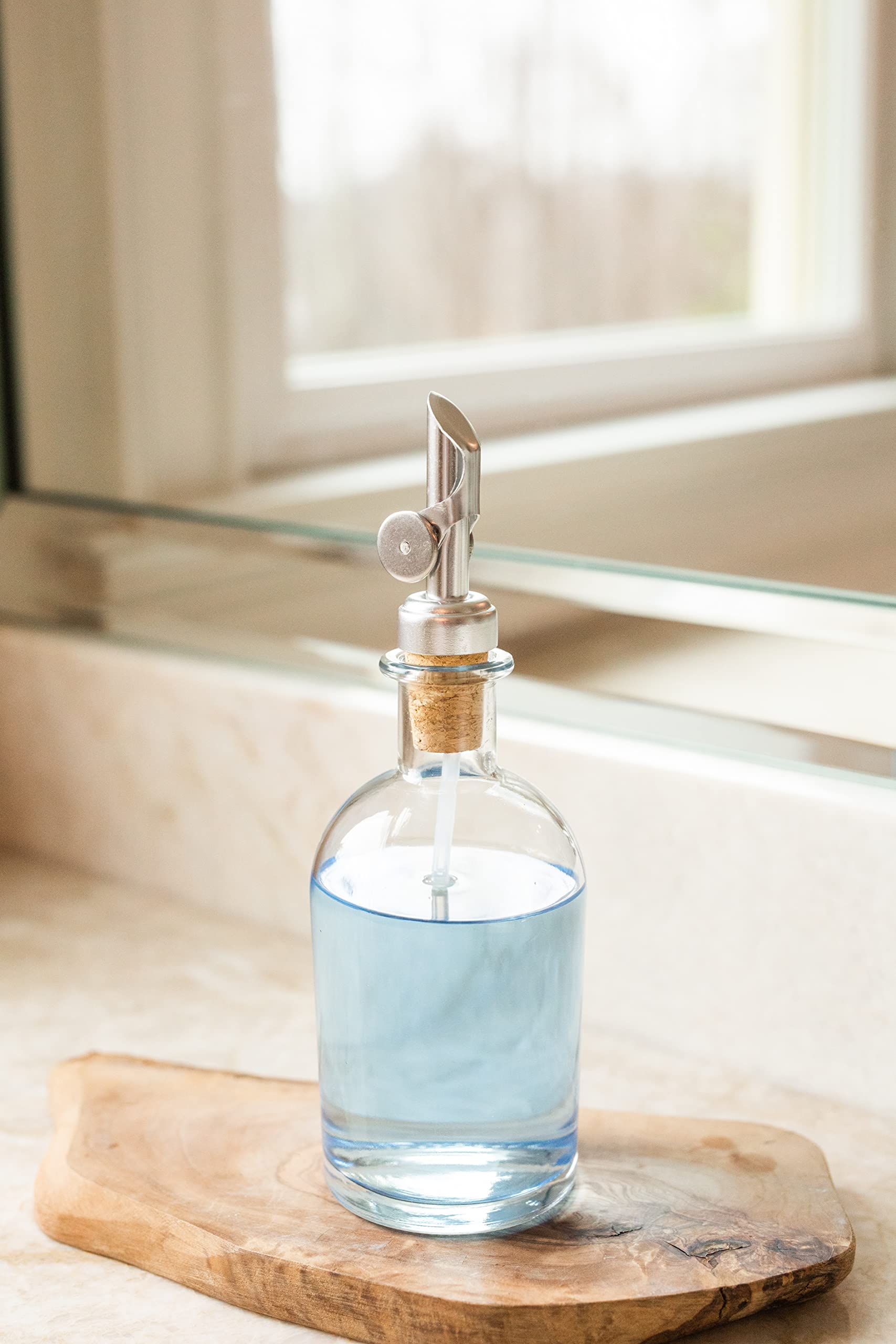 Rail19 Small Clear Glass Mouthwash Dispenser With Metal Pour Spout | Cooking Oil And Vinegar Dispenser - Perfect For The Bathroo