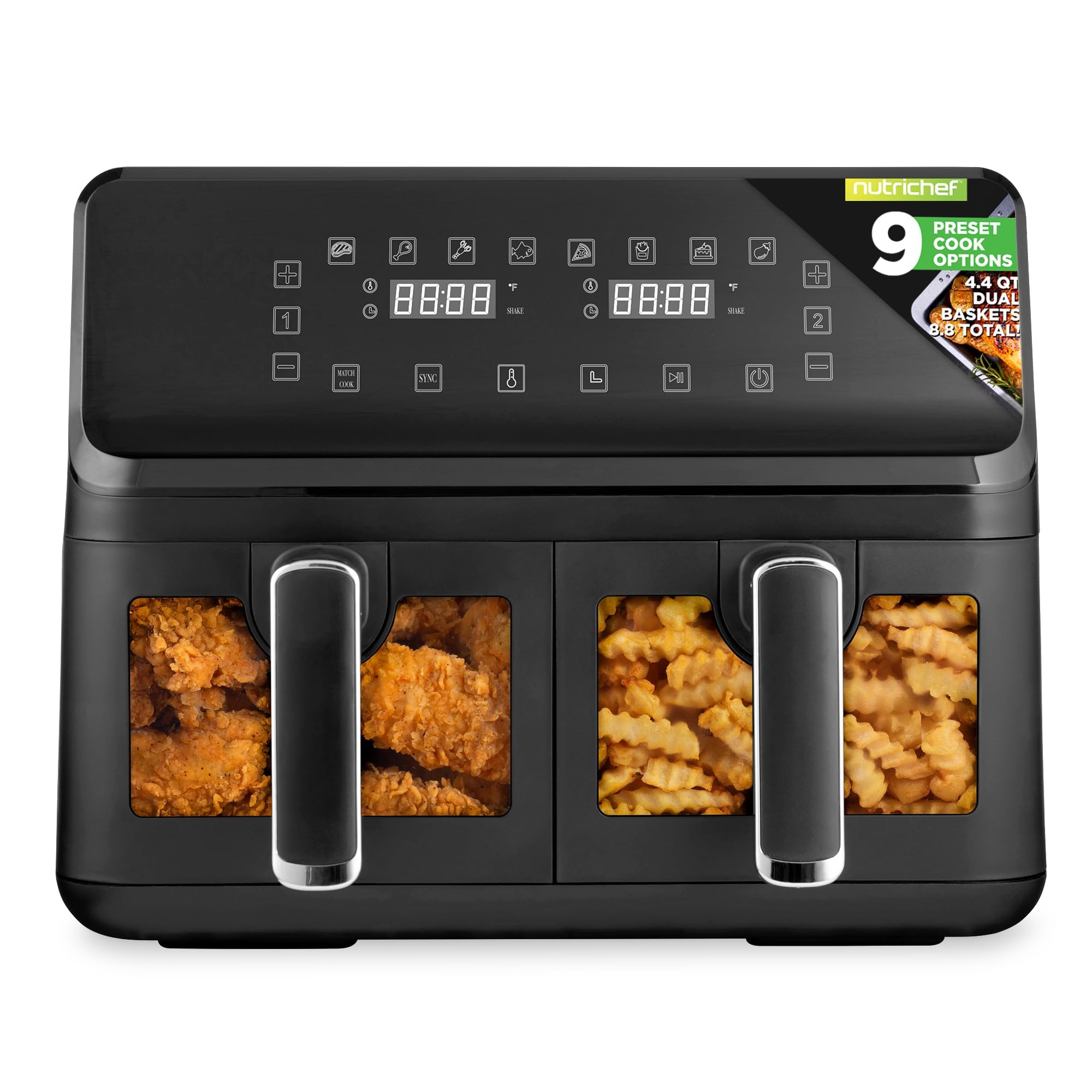 Nutrichef Double Basket Air Fryer 8.8 QT | Family Size Oil Free Airfryer with Transparent Window | 9-1 Preset Cooking Options | 