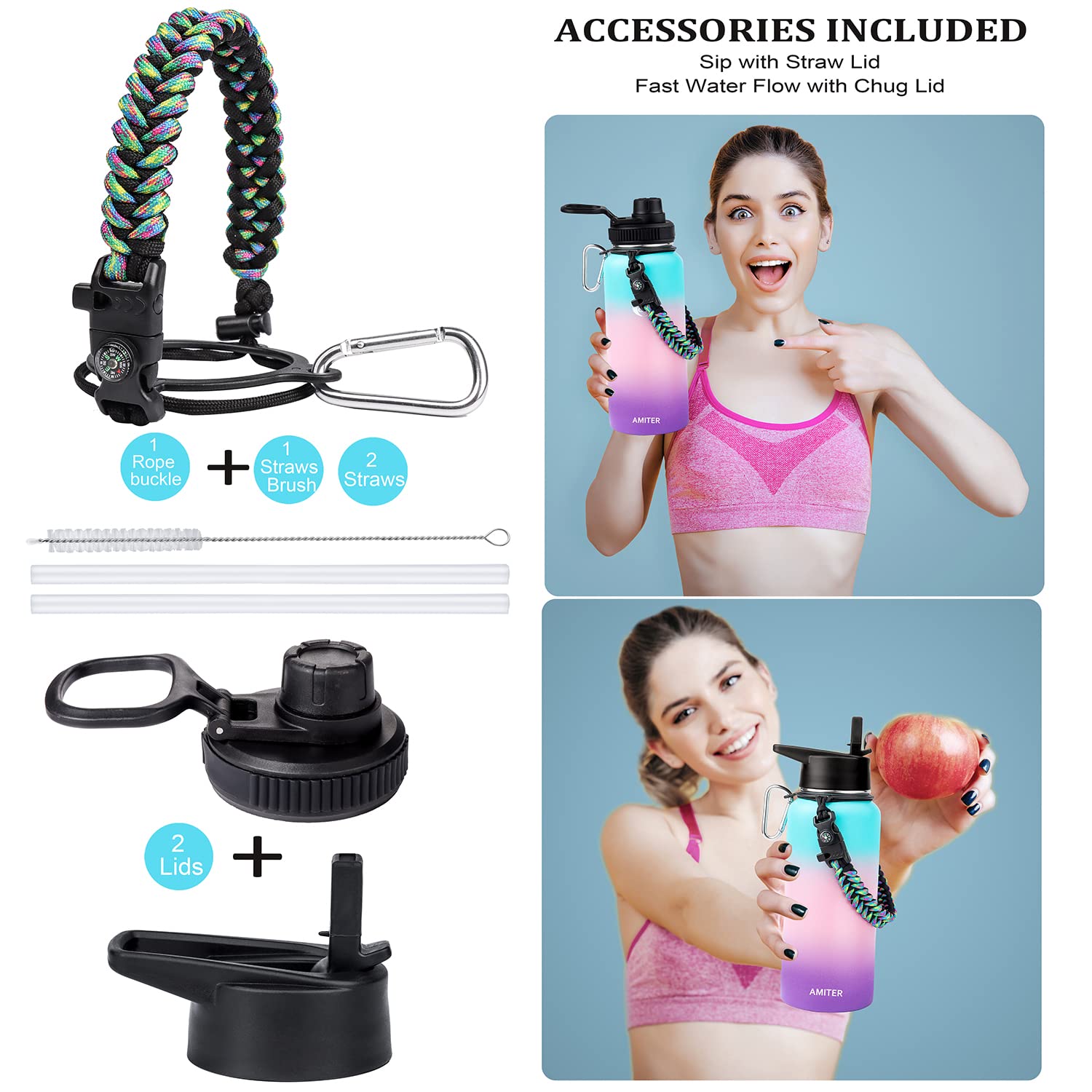 Amiter 32Oz Insulated Bottle With Straw & Spout Lids, Double-Wall Vacuum Stainless Steel Water Bottle, Keep Beverages Cold For 2