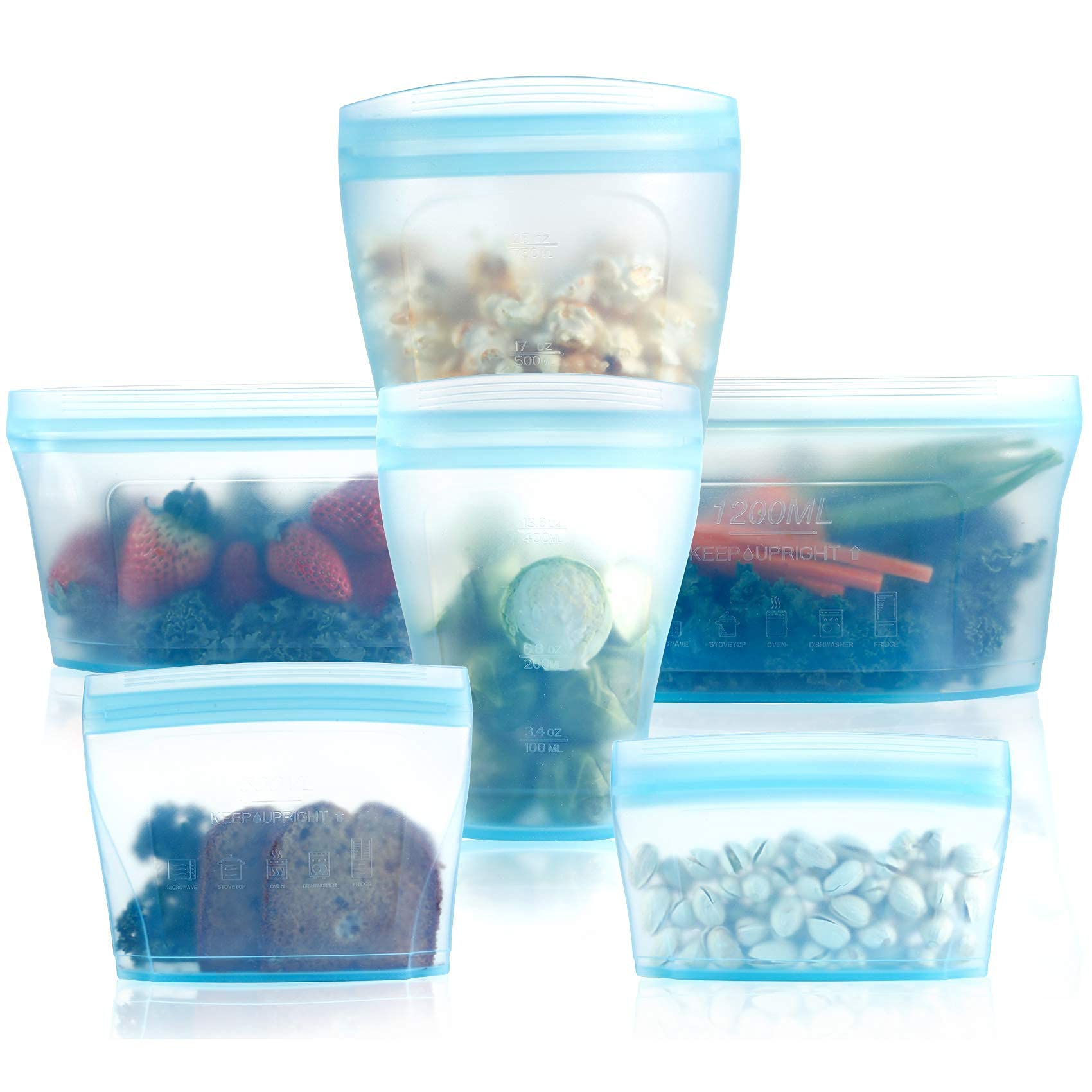 Reusable food container silicone bag, Upgrade second generation 6 Pcs Containers Storage, 100% Silicone Food Bag, Stand Up Prese