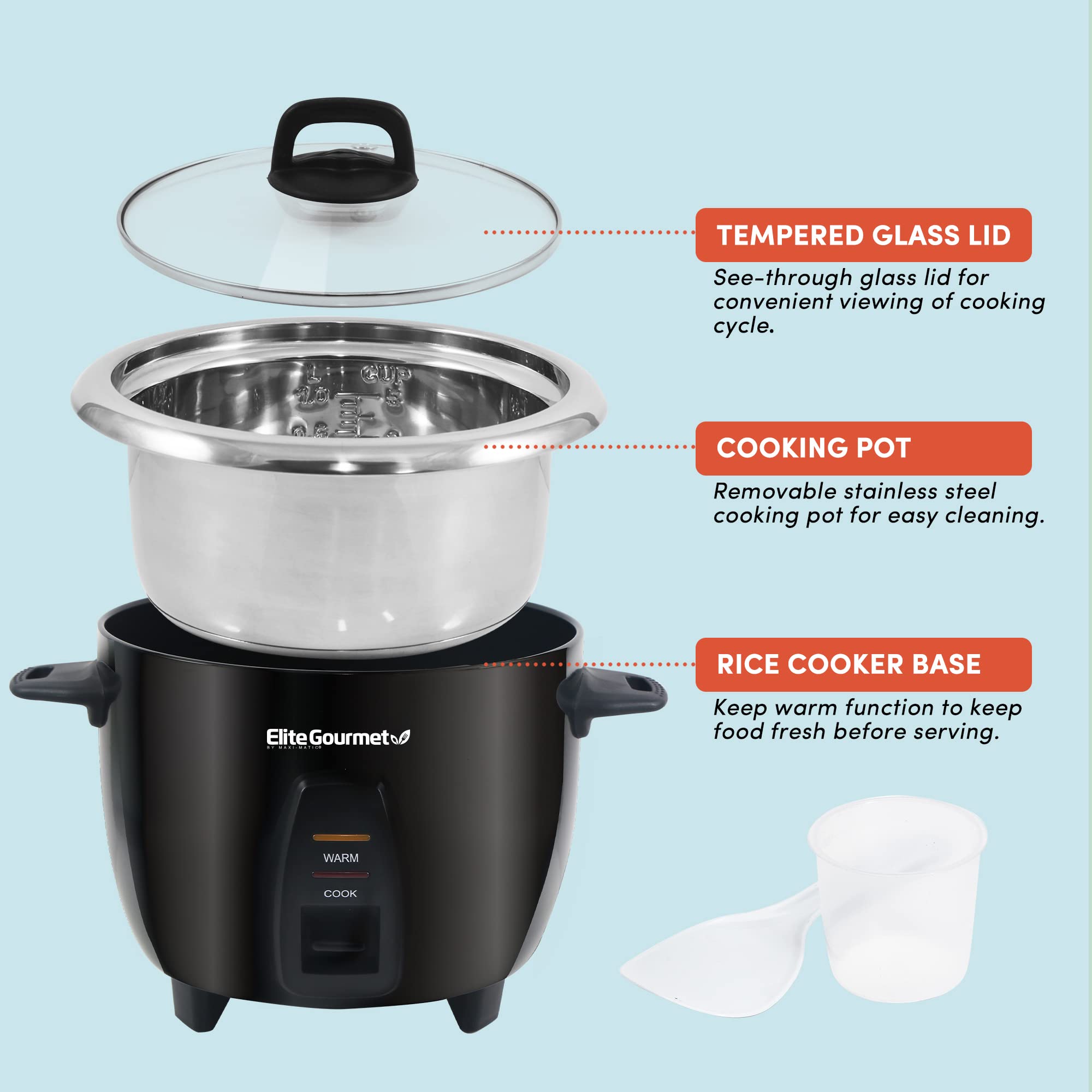 Elite Gourmet Electric Rice Cooker, 10 Cups Cooked, Stainless Steel Inner Pot, Black, Model ERC2010B