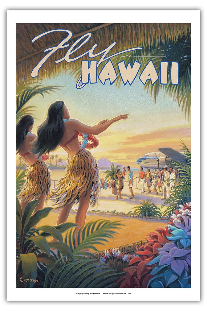 Fly To Hawaii - Hula Dancers - Vintage Hawaiian Travel Poster By Kerne Erickson - Master Art Print (Unframed) 12In X 18In